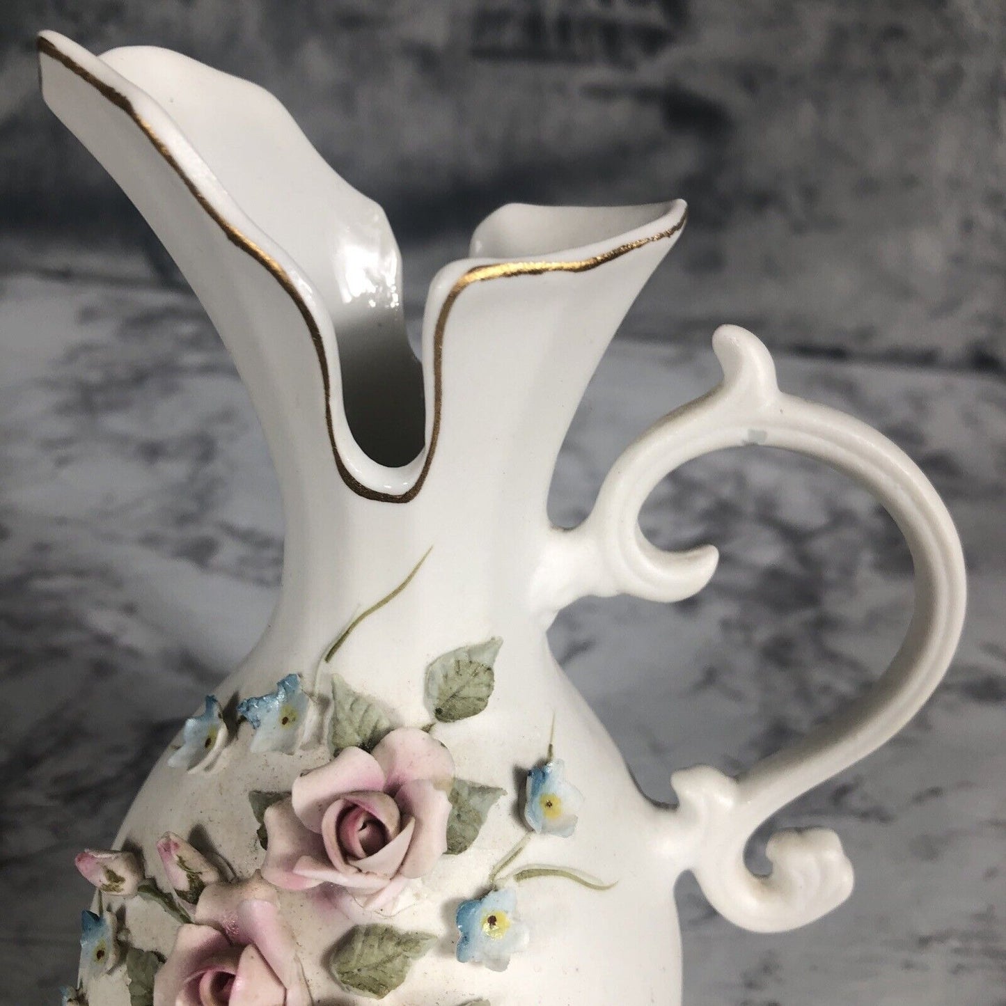 Lefton China 3D Rose Blue Flowers Pitcher 6"h Vase 4.25"h Vintage