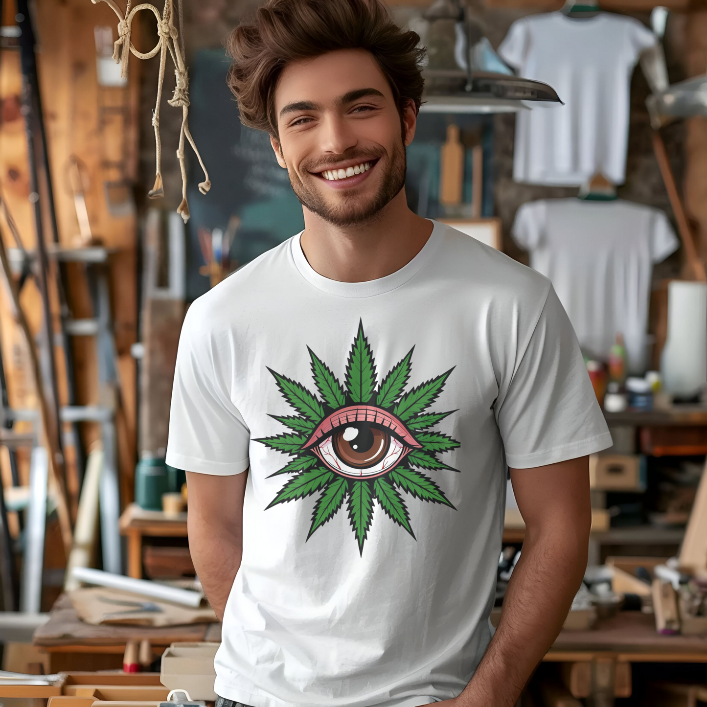 Cannabis Eye Men’s - Woman's T‑Shirt, Weed Leaf Eye Graphic Tee, Psychedelic Botanical Shirt, Trippy Green Art, Modern Streetwear