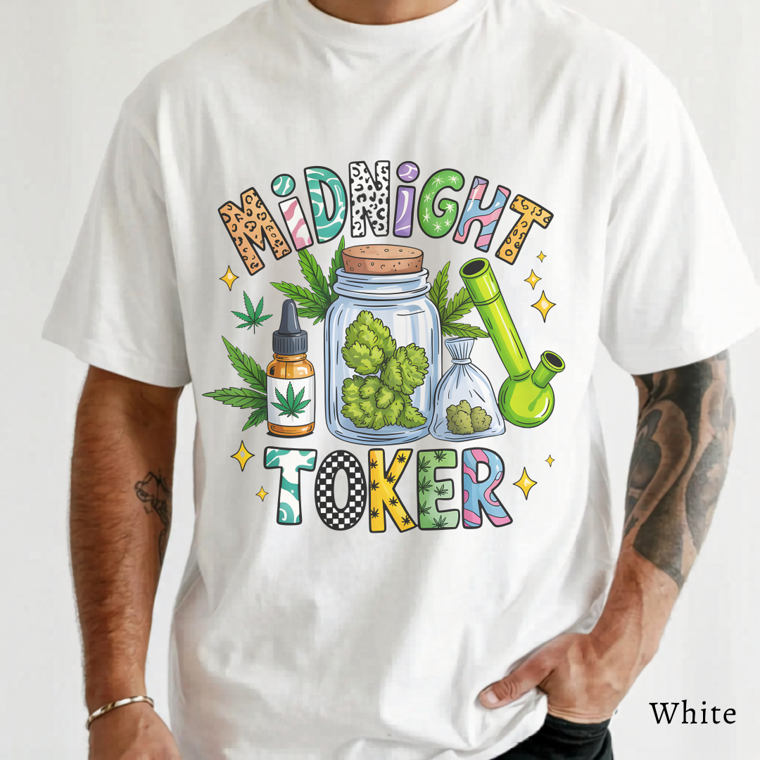 Midnight Toker Unisex T‑Shirt, Cannabis Graphic Tee, Weed Leaf Art Shirt, Stoner Streetwear, Night Aesthetic Shirt