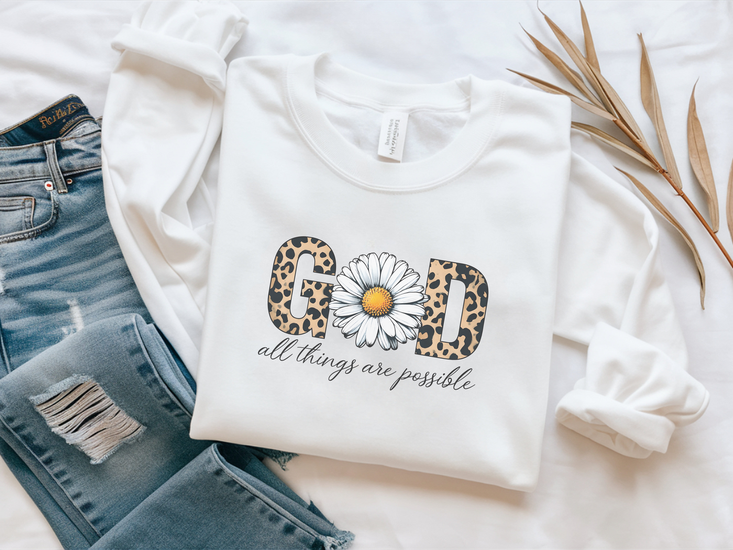 Leopard Print Daisy Sweatshirt, Inspirational Crewneck, Unisex Pullover, Chic Fall Fashion, Custom Apparel Gift, Graphic Print Top