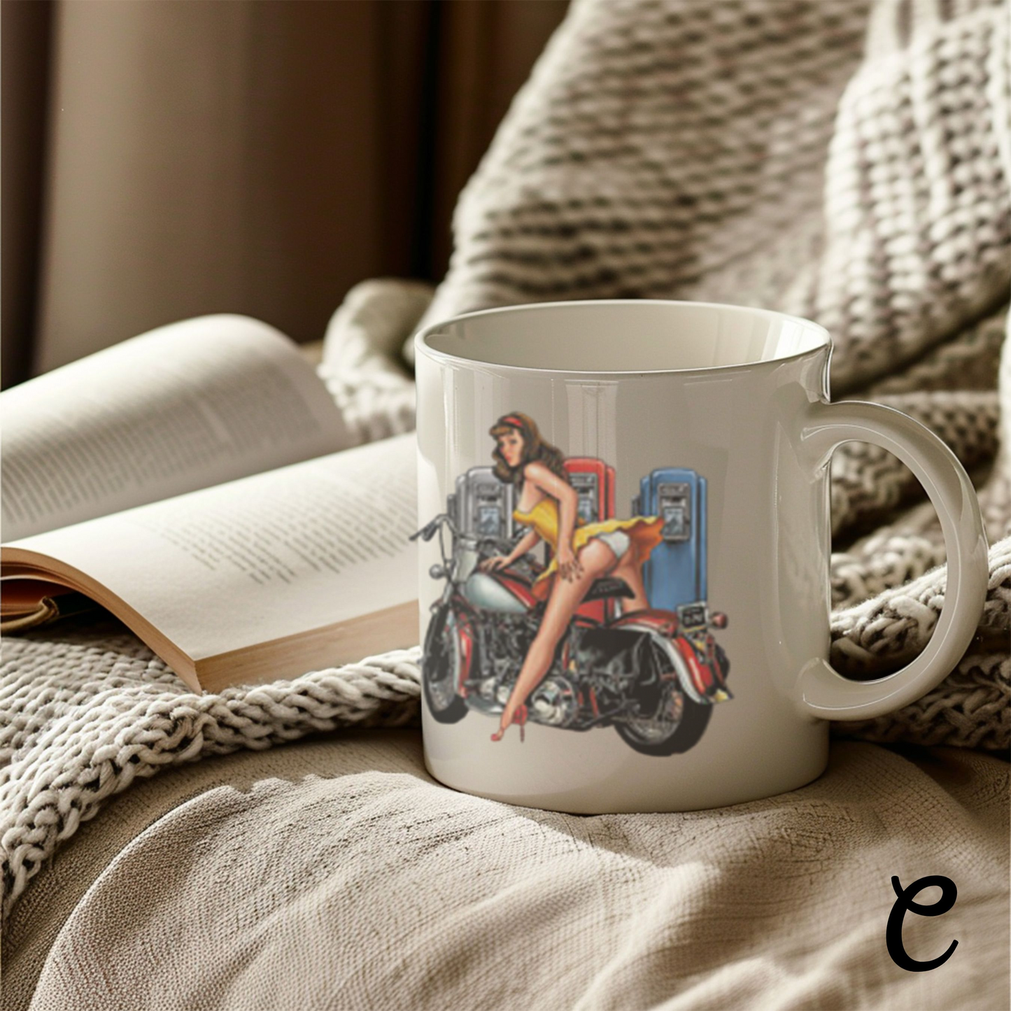 Pin-Up Girl Art Mug, Motorcycle Lover Gift, Retro Style Coffee Mug, Vintage Design Ceramic, 11oz 15oz Personalized Drinkware