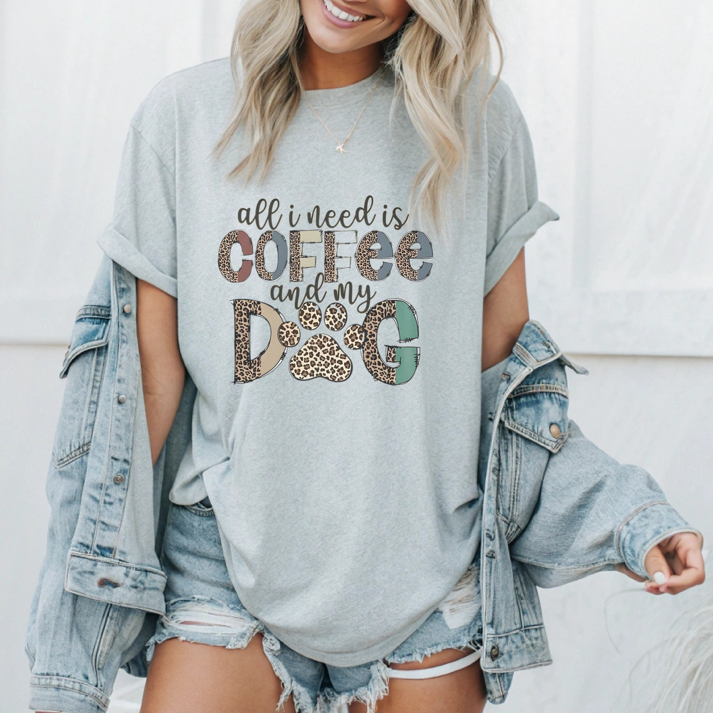 Coffee and Dog Lover Shirt, Leopard Print T-shirt, Casual Summer Tee, All I Need is Coffee Shirt, Dog Paw Print Top, Gift for Dog Moms