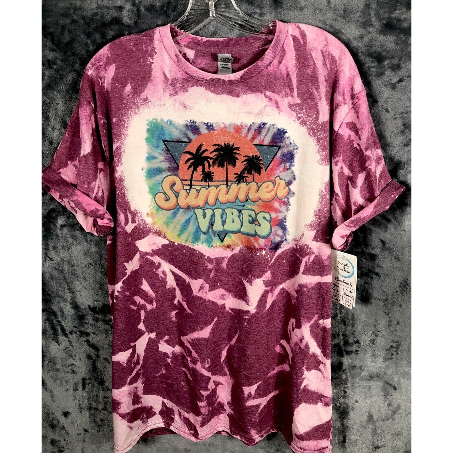 Woman's Shirt  "Summer Vibes" T-Shirt Purple & Pink Short Sleeve Unisex Cotton Handmade Tie-Dye Large