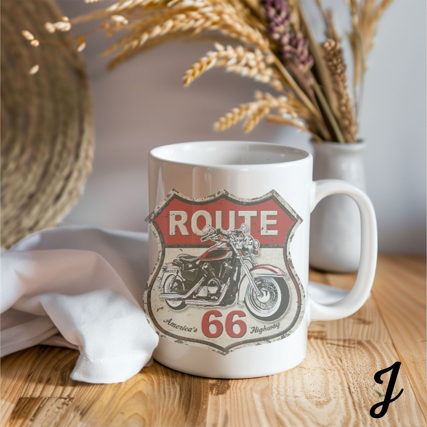 Motorcycle Enthusiast Gift, Route 66 Ceramic Coffee Mug, Americana Road Trip Decor, Personalized Mug for Bikers, Highway Travel Souvenir