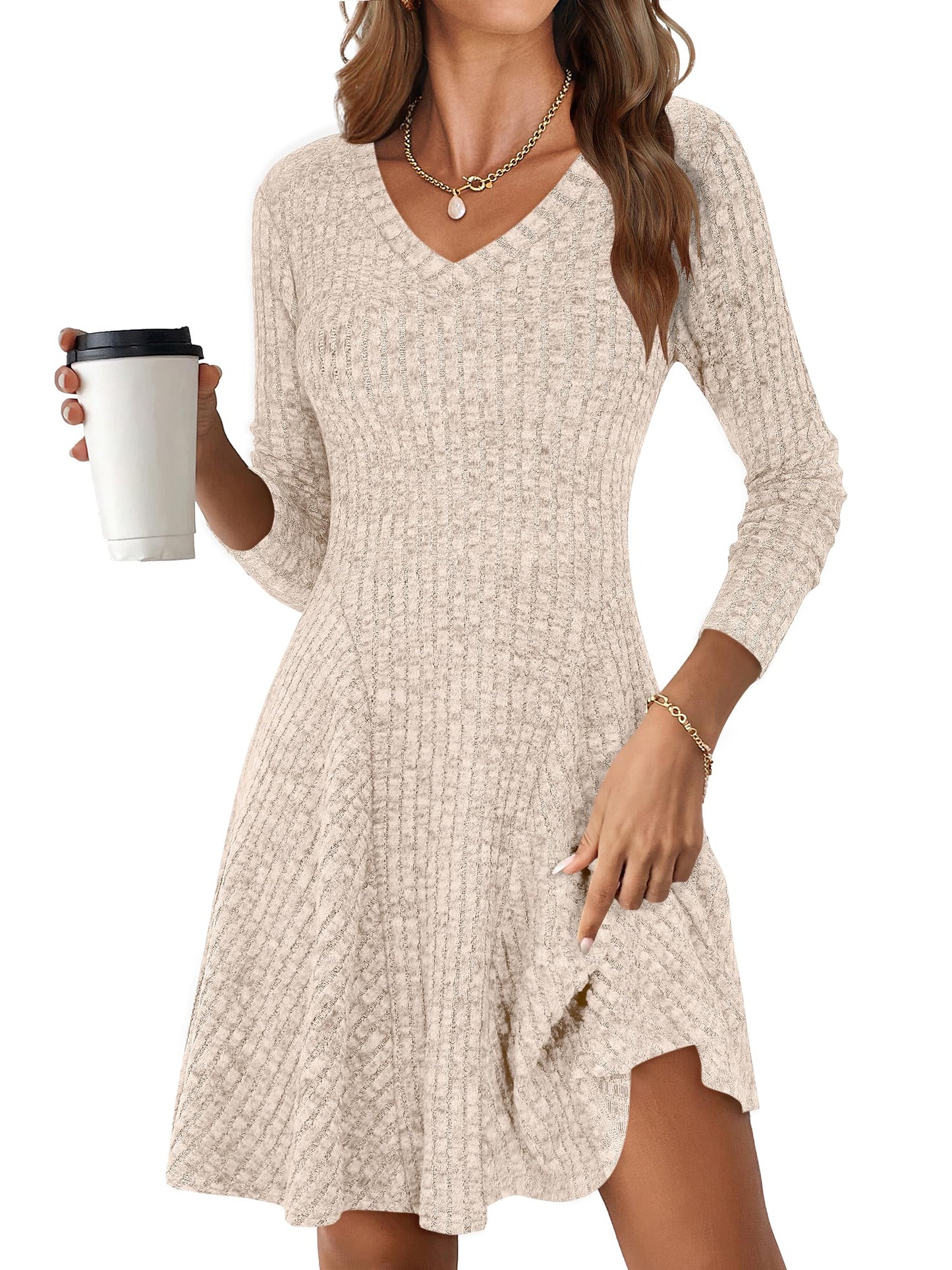 ANRABESS Women Long Sleeve Ribbed Knit Short Dresses 2025 Fall Winter V Neck Casual Swing A Line Sweater Dress Beige Large