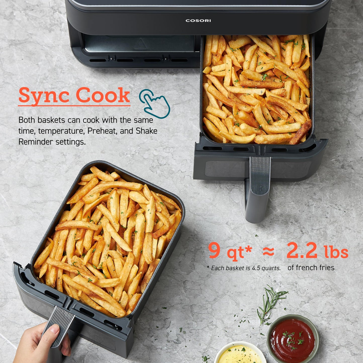 COSORI Dual Basket Air Fryer 9 Qt, Large and Wider Double Airfryer, 8-in-1, Sync Cook & Finish Family Meals, Bake, Roast, Broil and Dehydrate, Optional Preheat & Shake, Visible Window, 130 Recipes