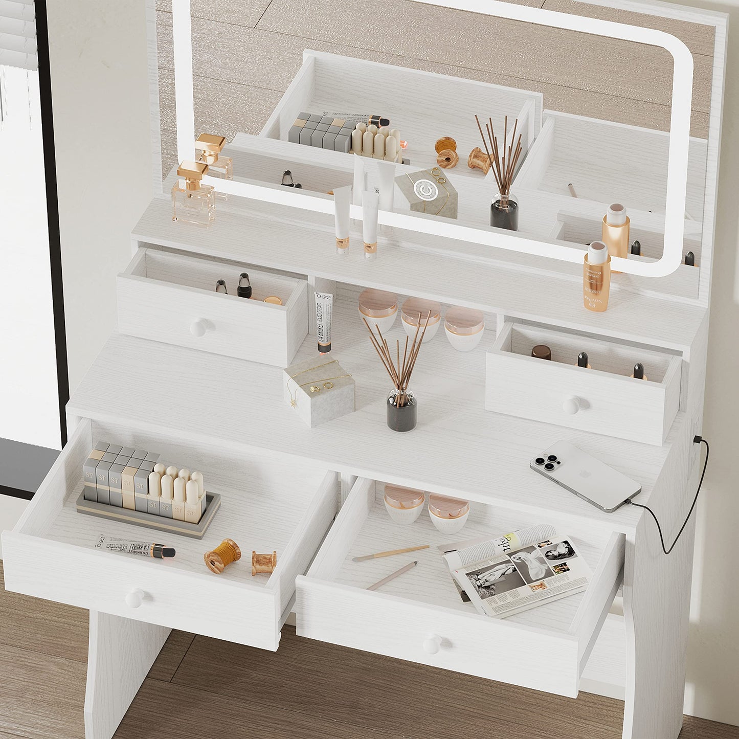 IRONCK Vanity Desk Set with LED Lighted Mirror & Power Outlet, Makeup Vanity Table with 4 Drawers,Storage Bench,for Bedroom, Bathroom, White