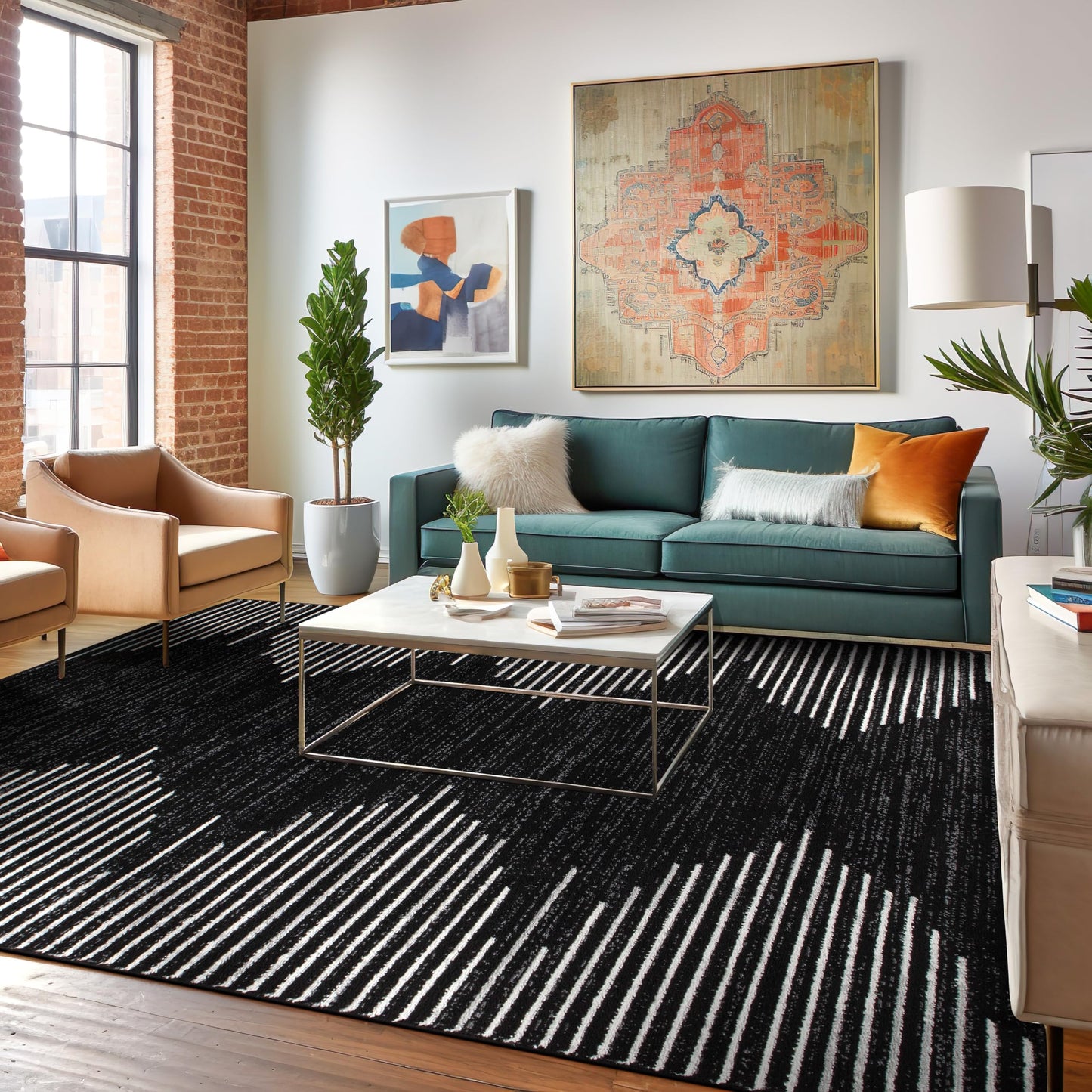 Rugshop Bohemian Stripe Stain Resistant High Traffic Living Room Kitchen Bedroom Dining Home Office Area Rug 8'x10' Black