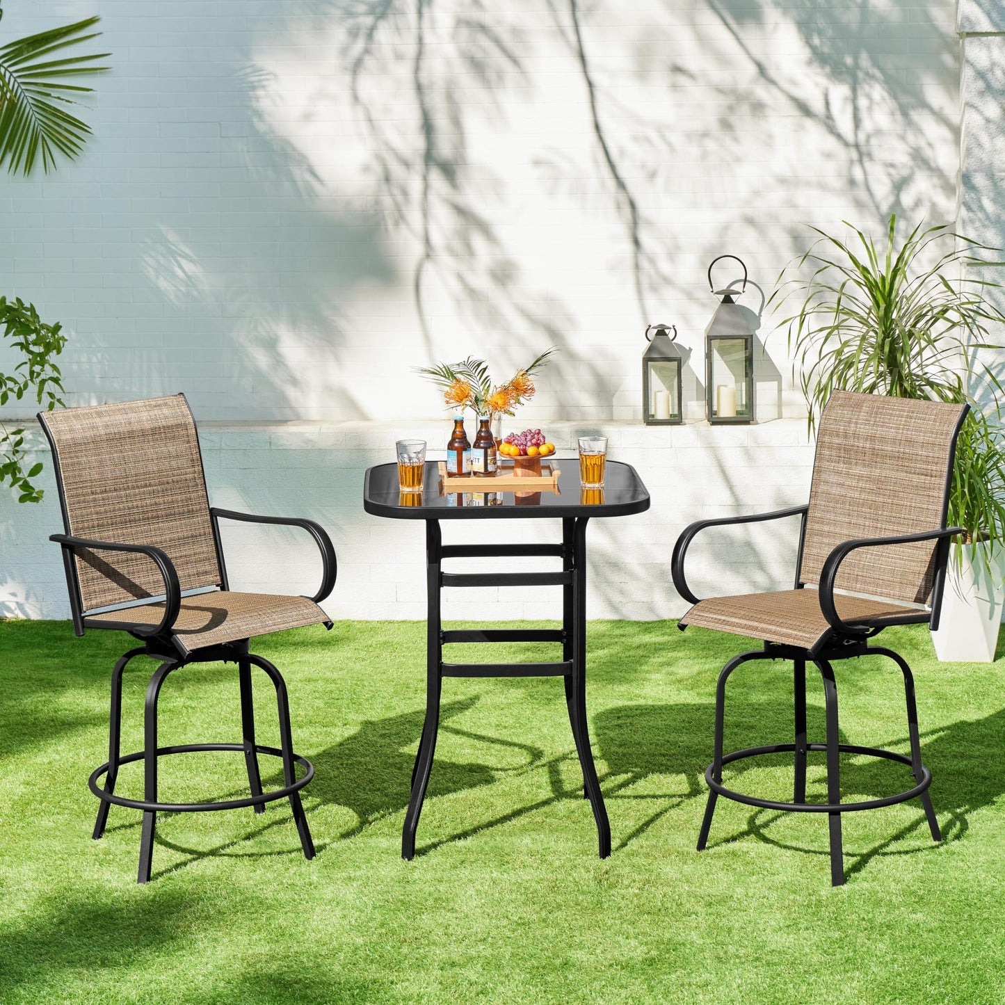 Yaheetech 3Pcs Outdoor Patio Bar Stools Set, Swivel Bistro Chairs with High Back and Armrest and 40.5" Height Metal Square Table All Weather Furniture Set for Cafes Yard Lawn and Garden