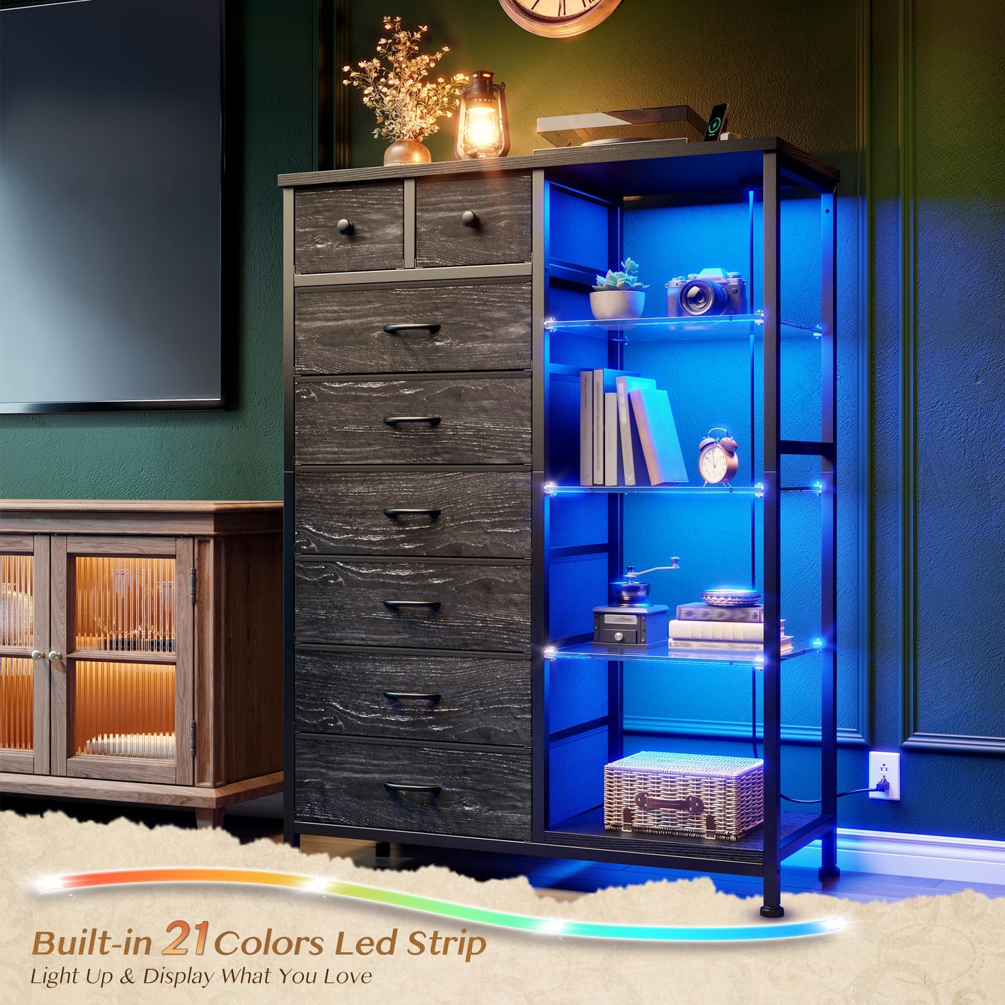 EnHomee 54" H Dresser for Bedroom with LED Lights & Power Outlets Dresser with 8 Drawers Fabric Dressers & Chests of Drawers for Bedroom, Sturdy Metal Frame, Acrylic Plates (Charcoal Black)