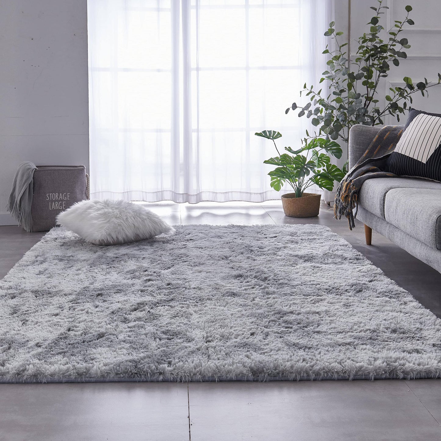 TABAYON Extra Large Shag Area Rug, 9x12 Feet Tie-Dyed Light Grey Indoor Ultra Soft Plush Rugs for Living Room, Non-Skid Modern Nursery Faux Fur Rugs for Home Decor
