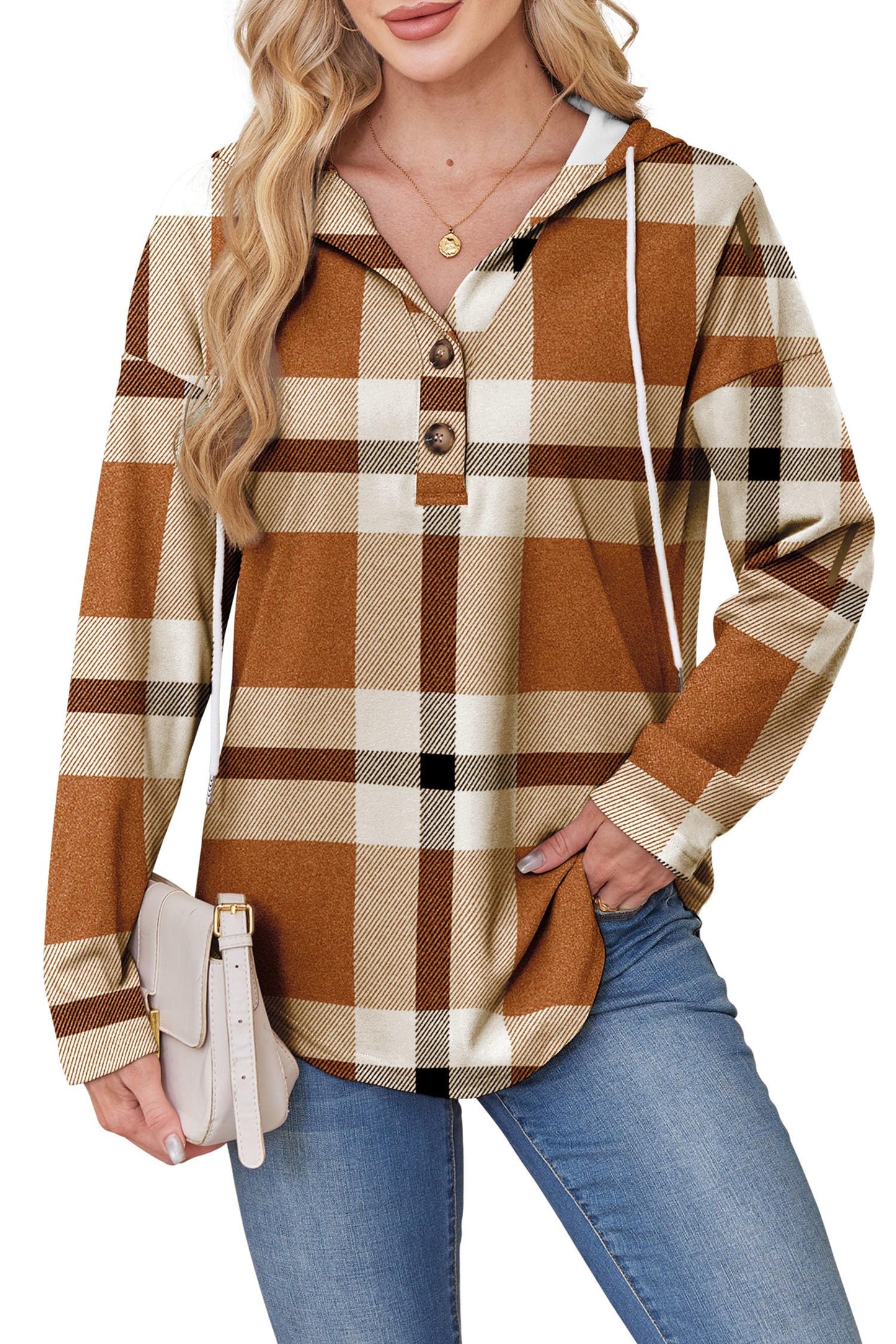 RUMIA Sweatshirt for Women Loose Fit Lightweight Hoodies Long Sleeve Fashion Womens Tops Fall Winter Clothes Holiday Outfits Plaid Brown 3XL