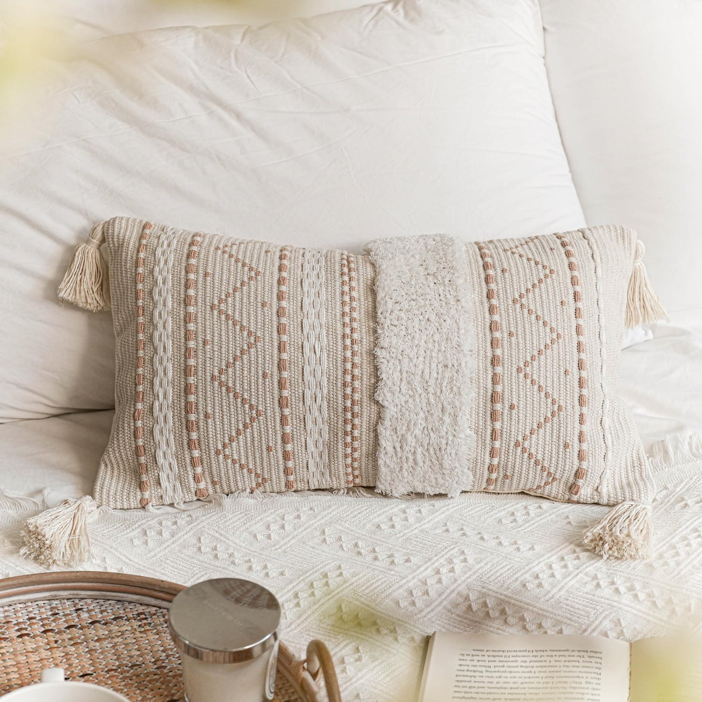 BlissBlush Decorative Lumbar Throw Pillow Cover 12x20 Combo Set of 2 Cream Neutral White Rectangular Boho Accent Pillowcase Farmhouse Cushion for Couch Sofa Bedroom Living Home Décor Cover ONLY