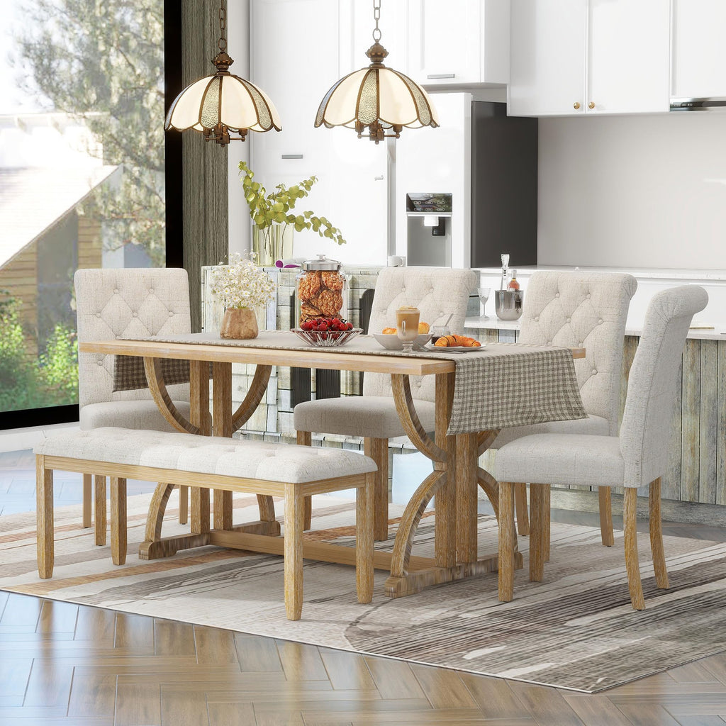 Merax Solid Wood Kitchen Dining Room Table Set with Bench and Chairs for 6 Persons, Dining Table Set with with Rectangulars Table and Upholstered Seat, Natural Wood Wash