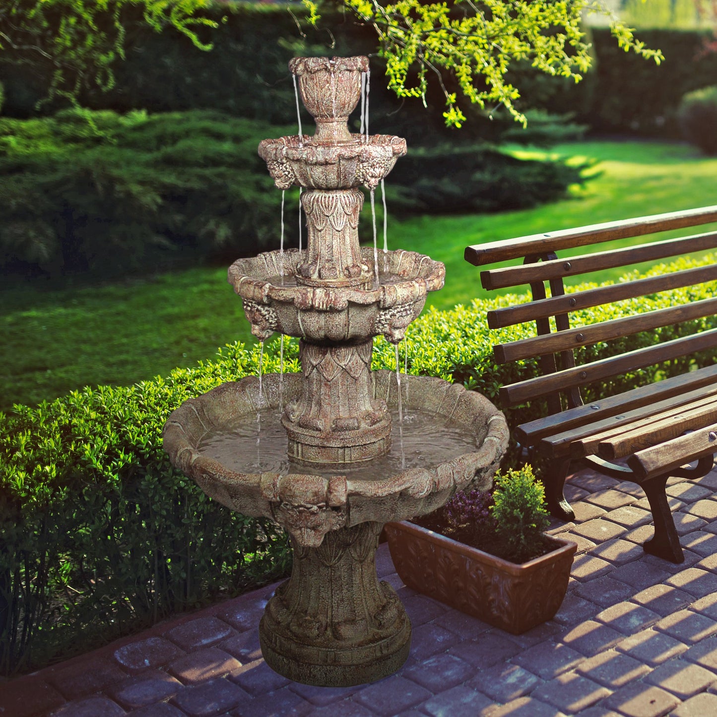 Water Fountain - Nearly 5 Foot Tall Medici Lion Four Tier Garden Decor Fountain: Brown Stone Finish - Outdoor Water Feature