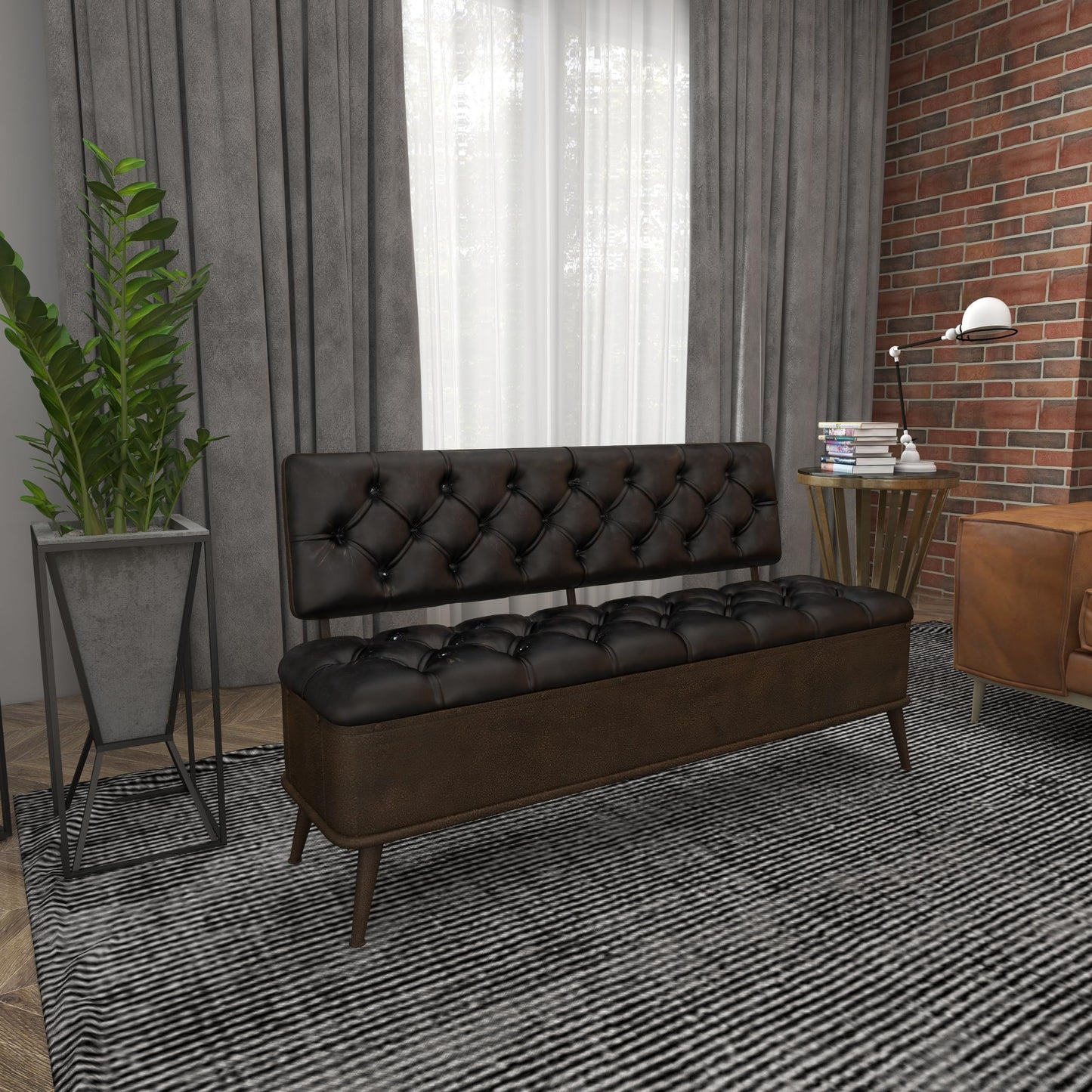 Deco 79 Metal Room Storage Bench Entryway Bench with Tufted Faux Leather, Bench 54" x 19" x 31", Bronze