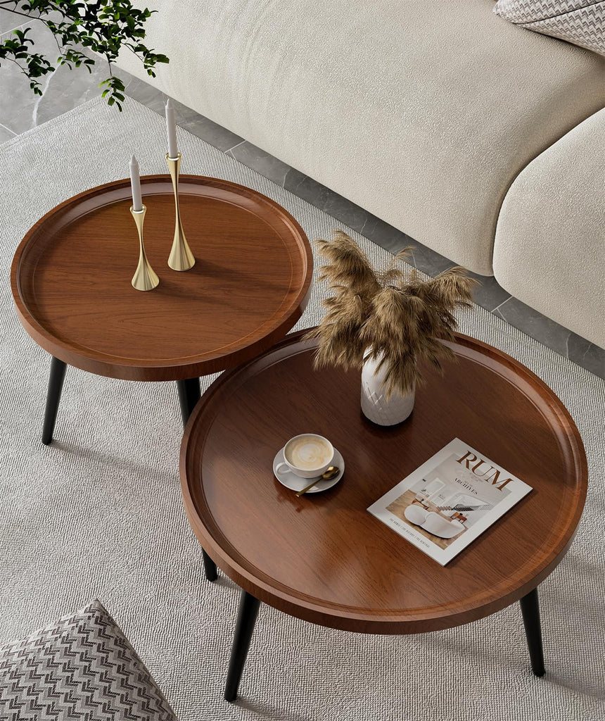 IKSII 2-Piece Set Modern Round Coffee Tables for Living Room,Easy Assembly Nesting Coffee Tables for Small Space,Brown Walnut Color Circle Side Tea Tables for Bedroom Office Balcony Yard