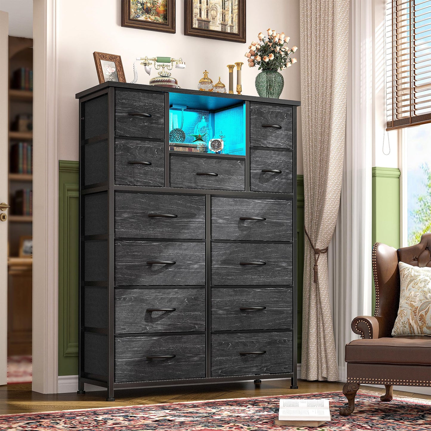 Romorgniz Dresser for Bedroom with 13 Fabric Drawers, Black Dresser with LED & 4 Charging Ports, 47''H Chest of Drawers with Open Storage Shelves for Hallway, Entryway