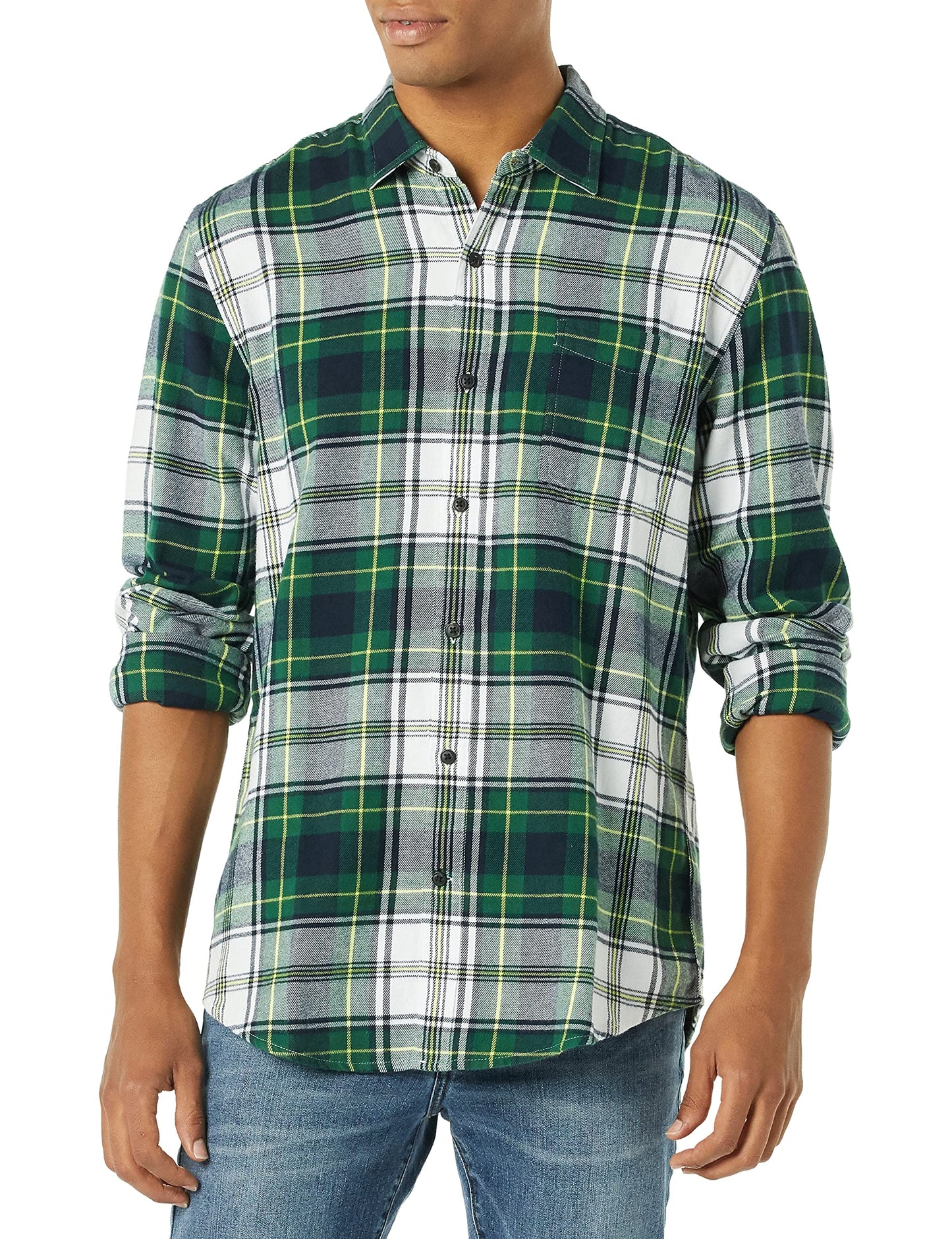 Amazon Essentials Men's Long-Sleeve Flannel Shirt, Green White Plaid, X-Large