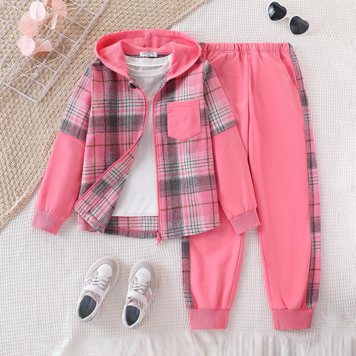 EDFTM Girls Sweatsuit Set Zip Up Cute Plaid Flannel Hoodie and Jogger Pants for Kids Fall Winter Spring Outfits Pink 5-6 Years
