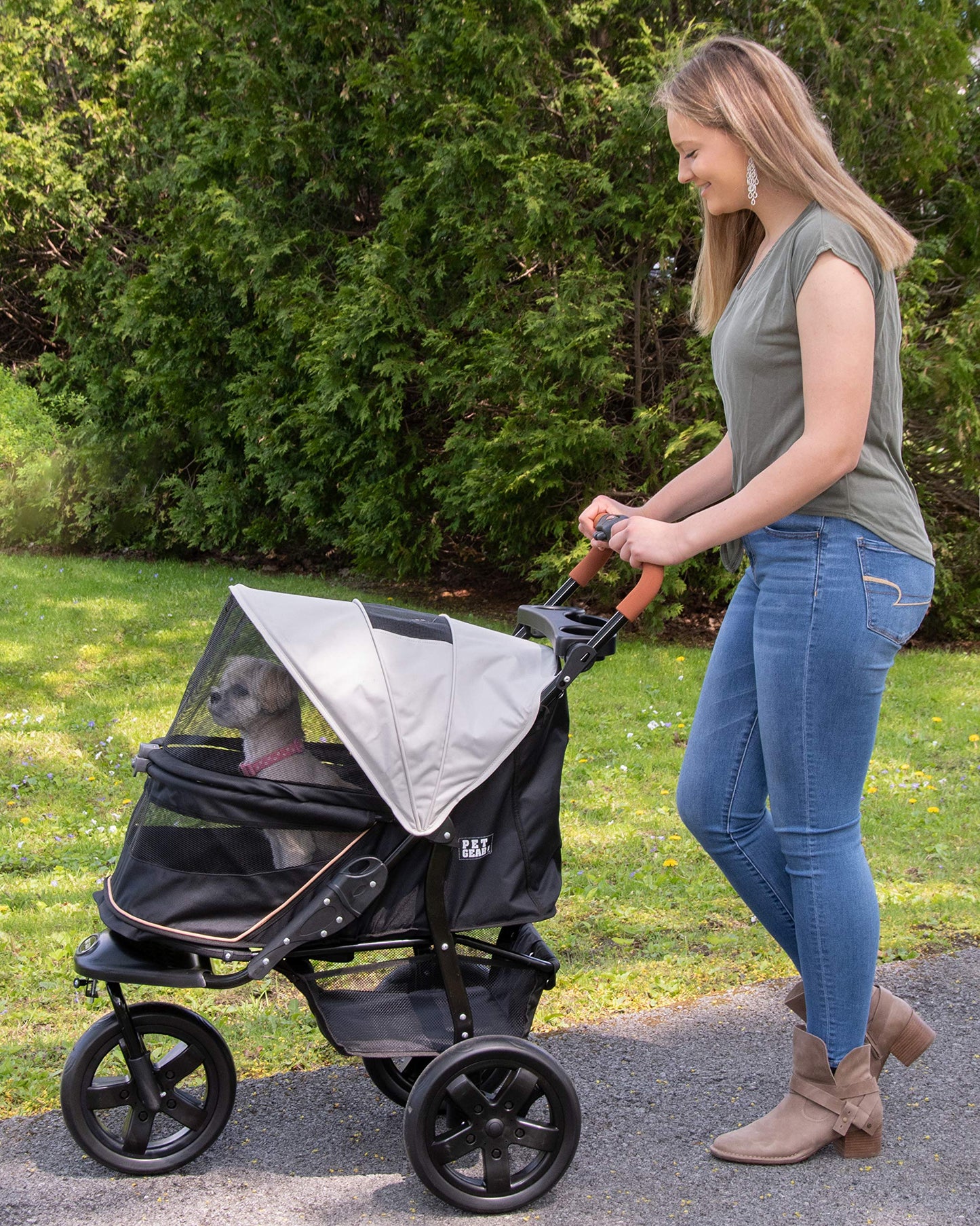 Pet Gear No-Zip AT3 Pet Stroller for Cats/Dogs, Zipperless Entry, Easy One-Hand Fold, Jogging Tires, Removable Liner, Cup Holder + Storage Basket, 1 Model, 2 Colors