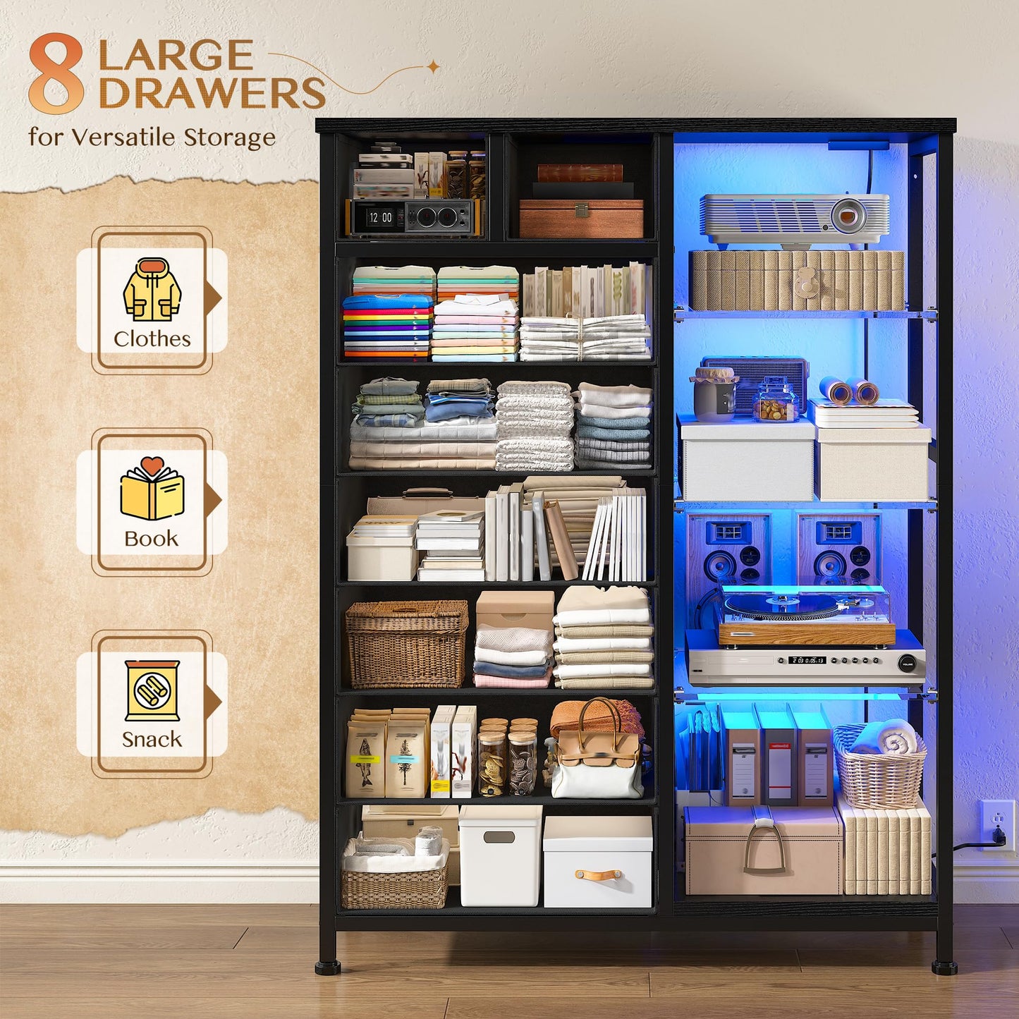 EnHomee 54" H Dresser for Bedroom with LED Lights & Power Outlets Dresser with 8 Drawers Fabric Dressers & Chests of Drawers for Bedroom, Sturdy Metal Frame, Acrylic Plates (Charcoal Black)