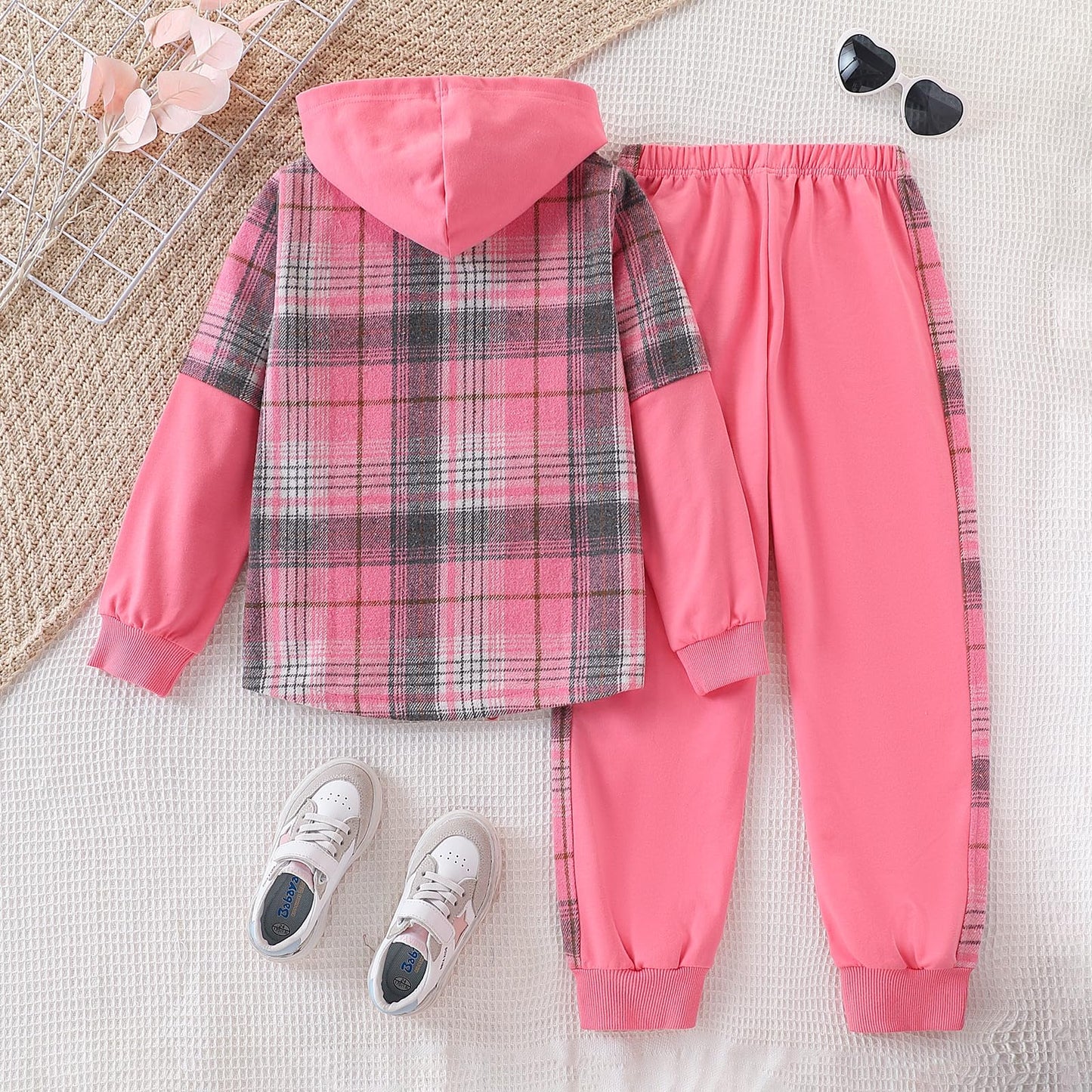 EDFTM Girls Sweatsuit Set Zip Up Cute Plaid Flannel Hoodie and Jogger Pants for Kids Fall Winter Spring Outfits Pink 5-6 Years