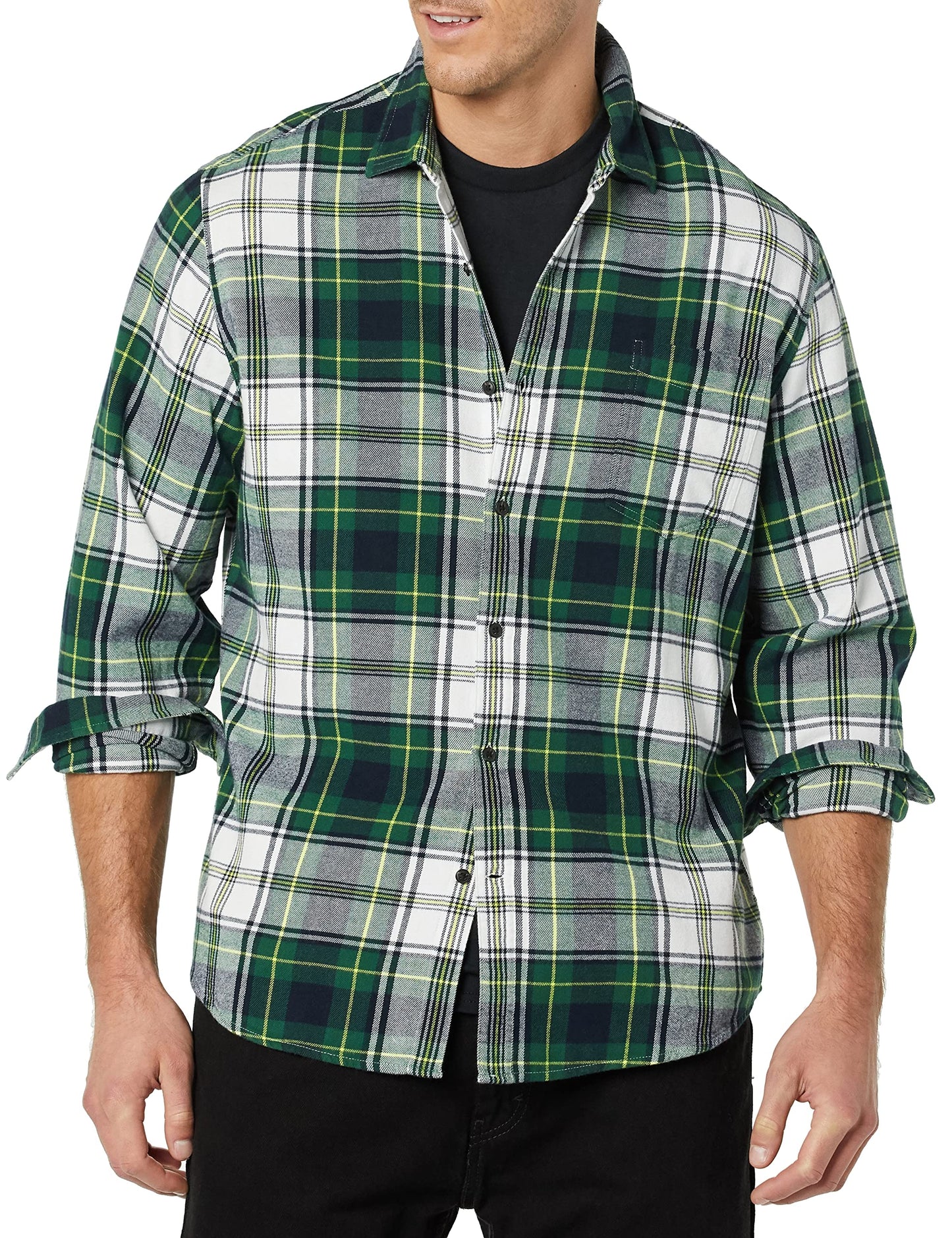 Amazon Essentials Men's Long-Sleeve Flannel Shirt, Green White Plaid, X-Large