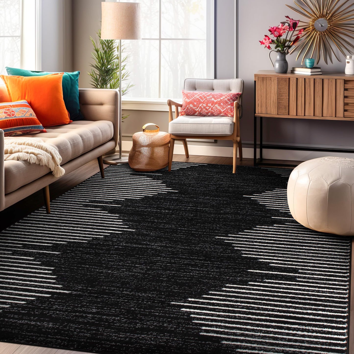 Rugshop Bohemian Stripe Stain Resistant High Traffic Living Room Kitchen Bedroom Dining Home Office Area Rug 8'x10' Black