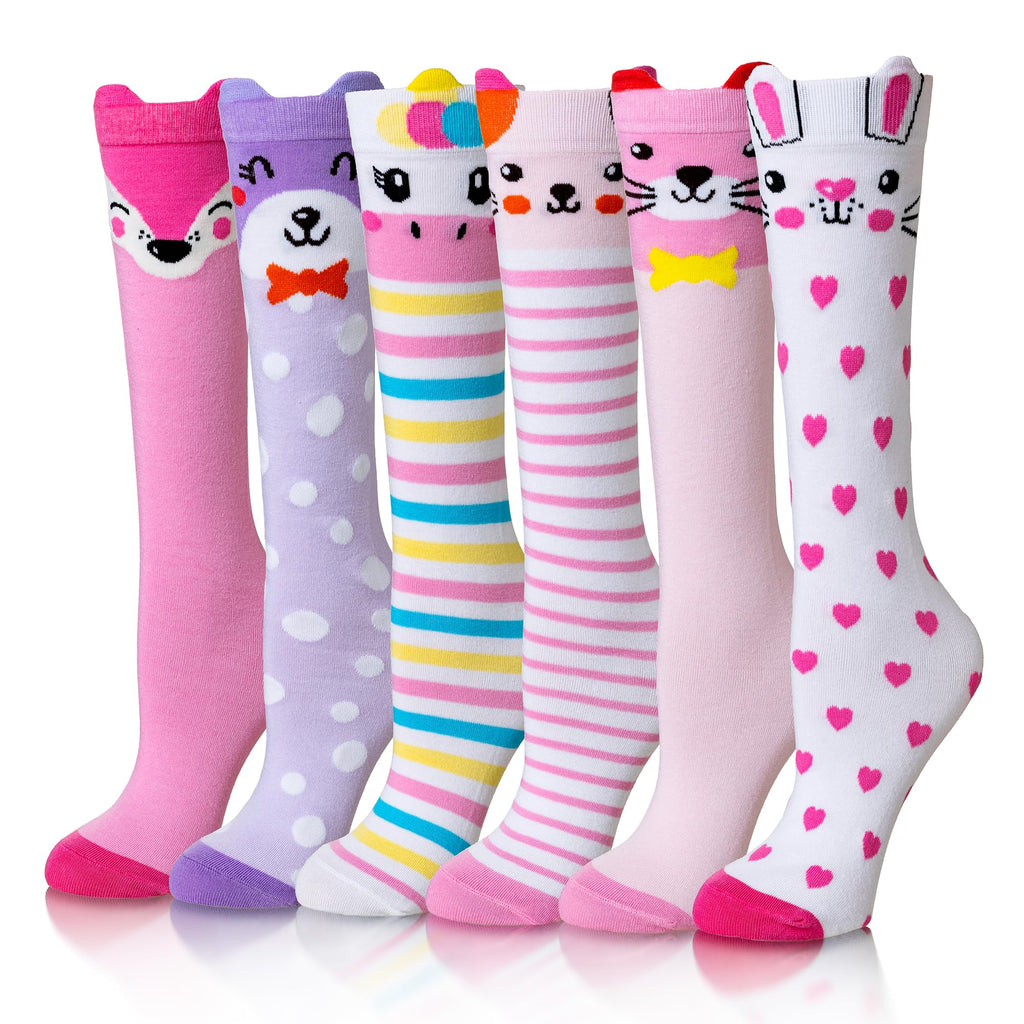 Eocom Girls Knee High Socks Kids Crazy Fun Gift Silly Tall Boot Cute Animal Cotton Long Socks 6 Pairs(Pink Purple Animal, 3-12 Years)