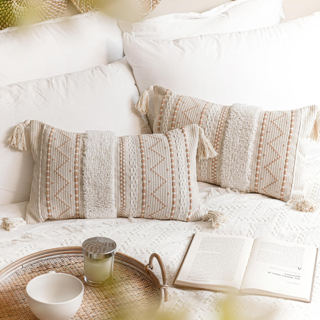 BlissBlush Decorative Lumbar Throw Pillow Cover 12x20 Combo Set of 2 Cream Neutral White Rectangular Boho Accent Pillowcase Farmhouse Cushion for Couch Sofa Bedroom Living Home Décor Cover ONLY