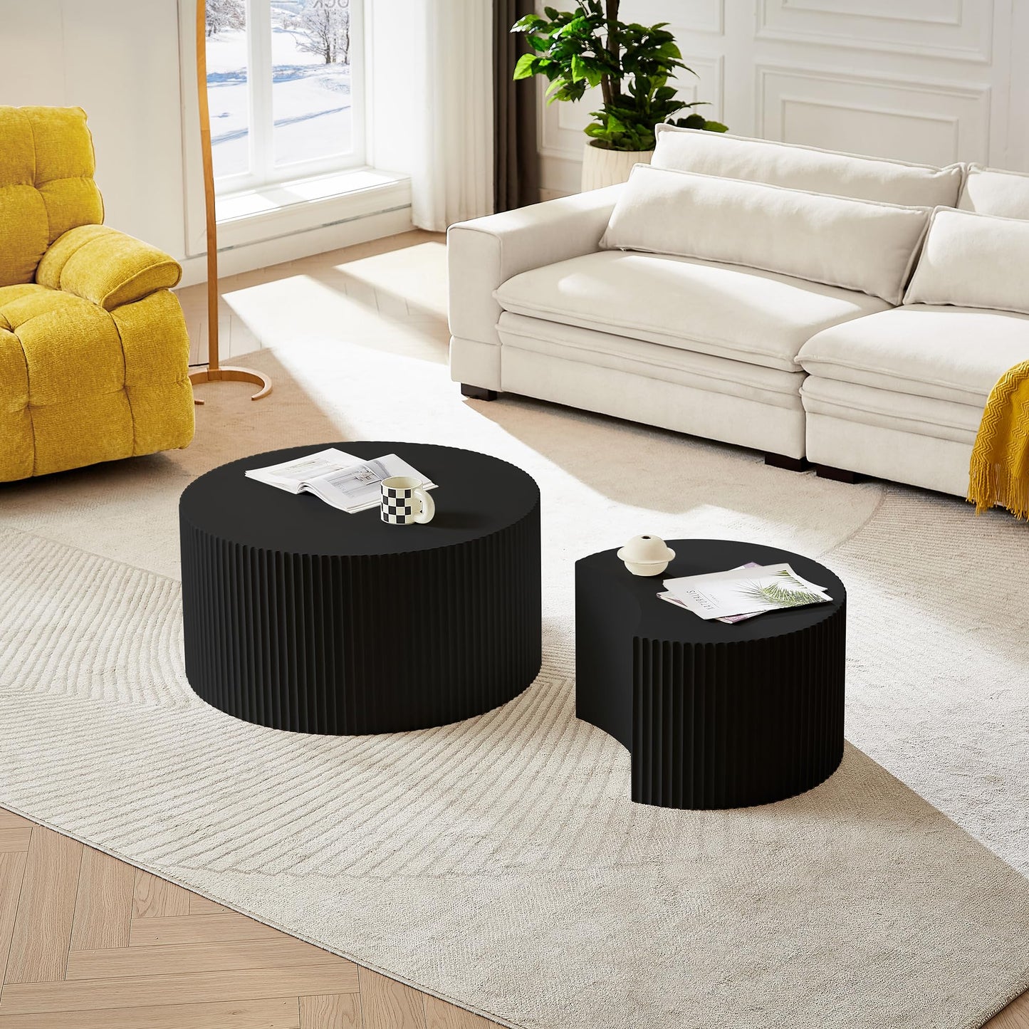 JUSTONE Set of 3 Black Round Coffee Table Set Side Table End Table for Living Room, Drum Round 3 Peice Nesting Coffee Modern Coffee Table for Apartment Office,No Assembly (3PCS,Black)
