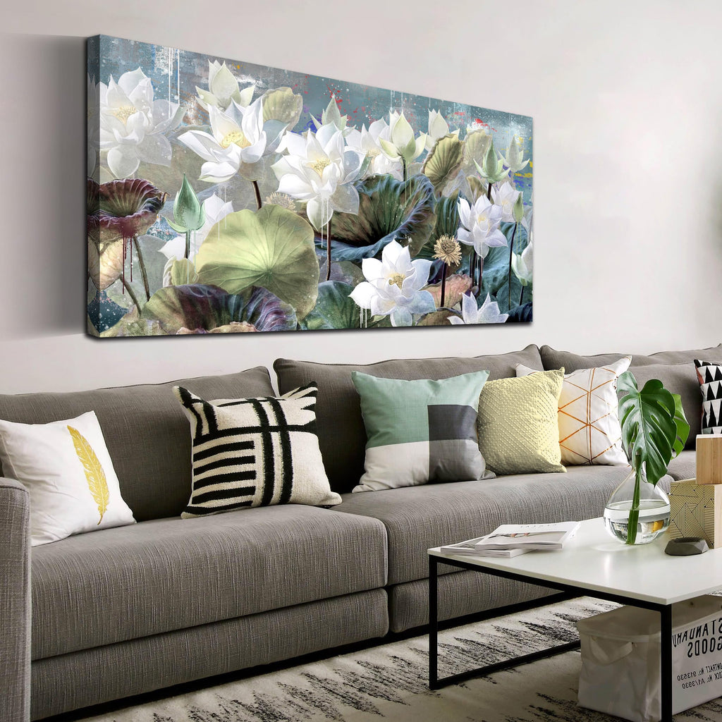 Lotus Flower Wall Art for Bedroom, White Teal Floral Picture Wall Art for Girls Room, Vintage Floral Watercolor Painting Wall Art for Living Room Home Office, 24x48 Inch