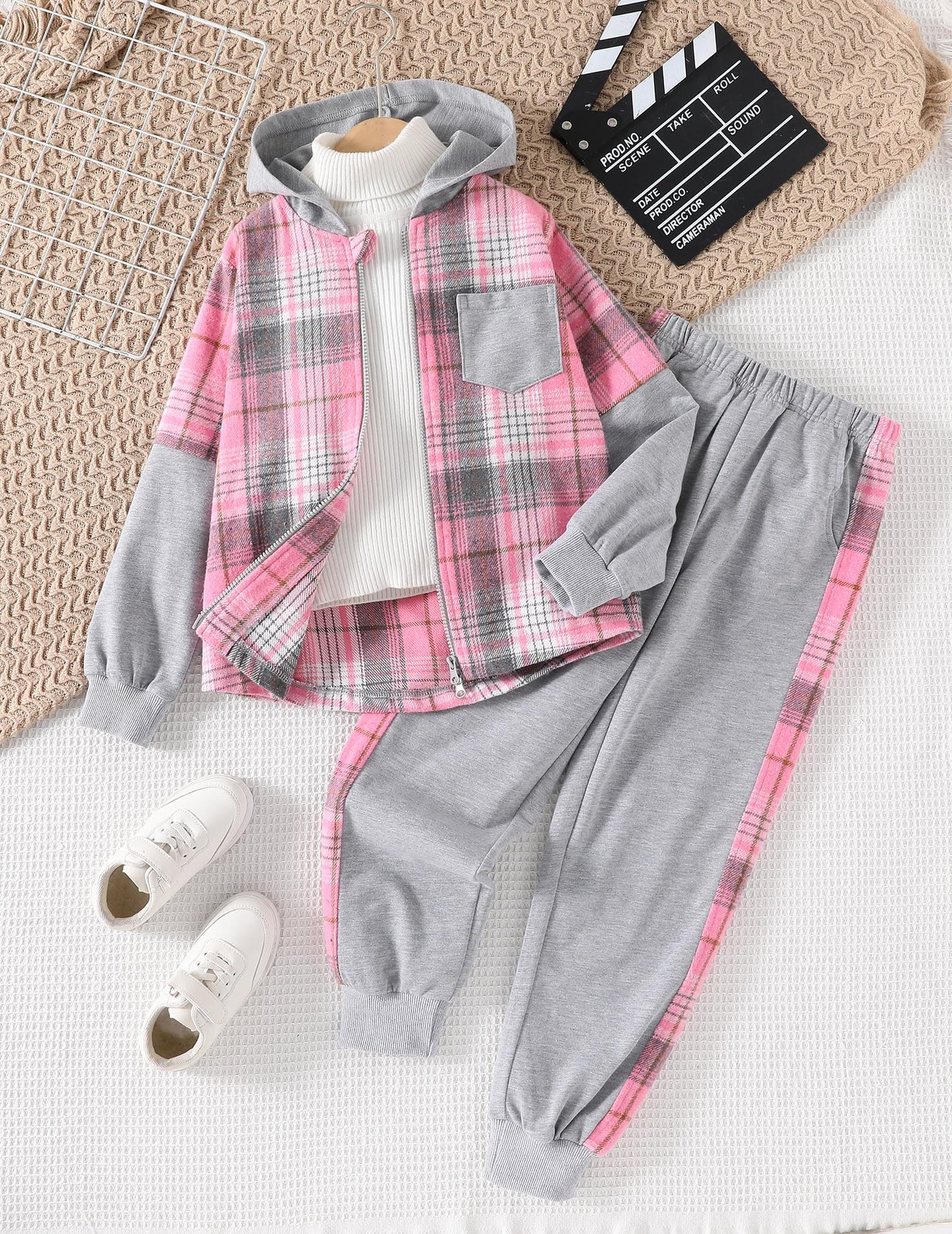 EDFTM Girls Sweatsuit Set Zip Up Cute Plaid Flannel Hoodie and Jogger Pants for Kids Fall Winter Spring Outfits Gray 5-6 Years