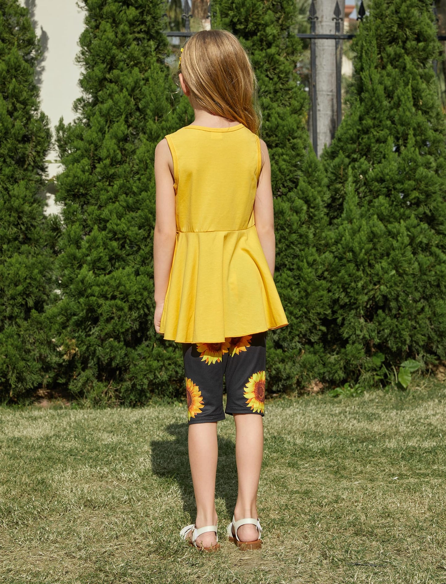 PATPAT Little Girls Clothes Yellow Sunflower Pleated Hem Design Sleeveless Dress Top and Allover Floral Print Short Set Girls Outfits 3T 4T