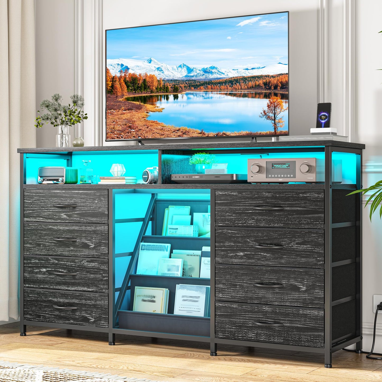 Dresser for Bedroom with Bookrack & 8 Fabric Drawers, 55 ” W Dresser TV Stand with Power Outlet & LED Lights for 65 Inch TV, Chest of Drawers for Closet, Entryway, Black