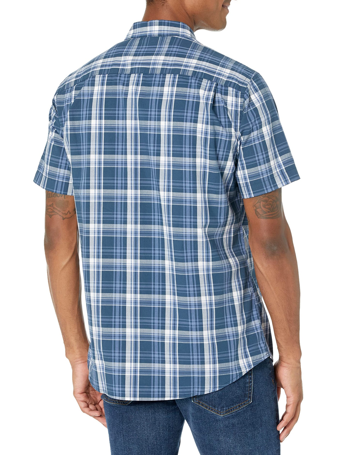 Amazon Essentials Men's Regular-Fit Short-Sleeve Poplin Shirt, Navy Medium Plaid, X-Large