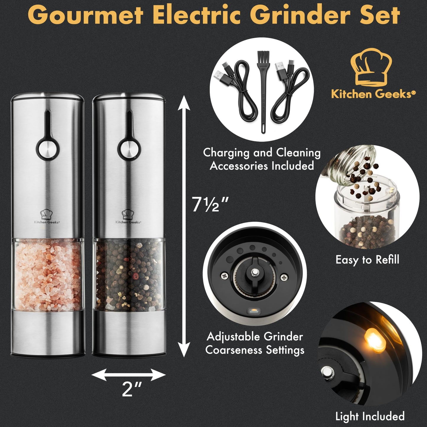 Kitchen Geeks Electric Grinder Set - USB Rechargeable Salt and Pepper Mill with Light, Easy to Refill, No Batteries Required, One Handed Automatic Grinding, Stainless Steel, and Adjustable Coarseness