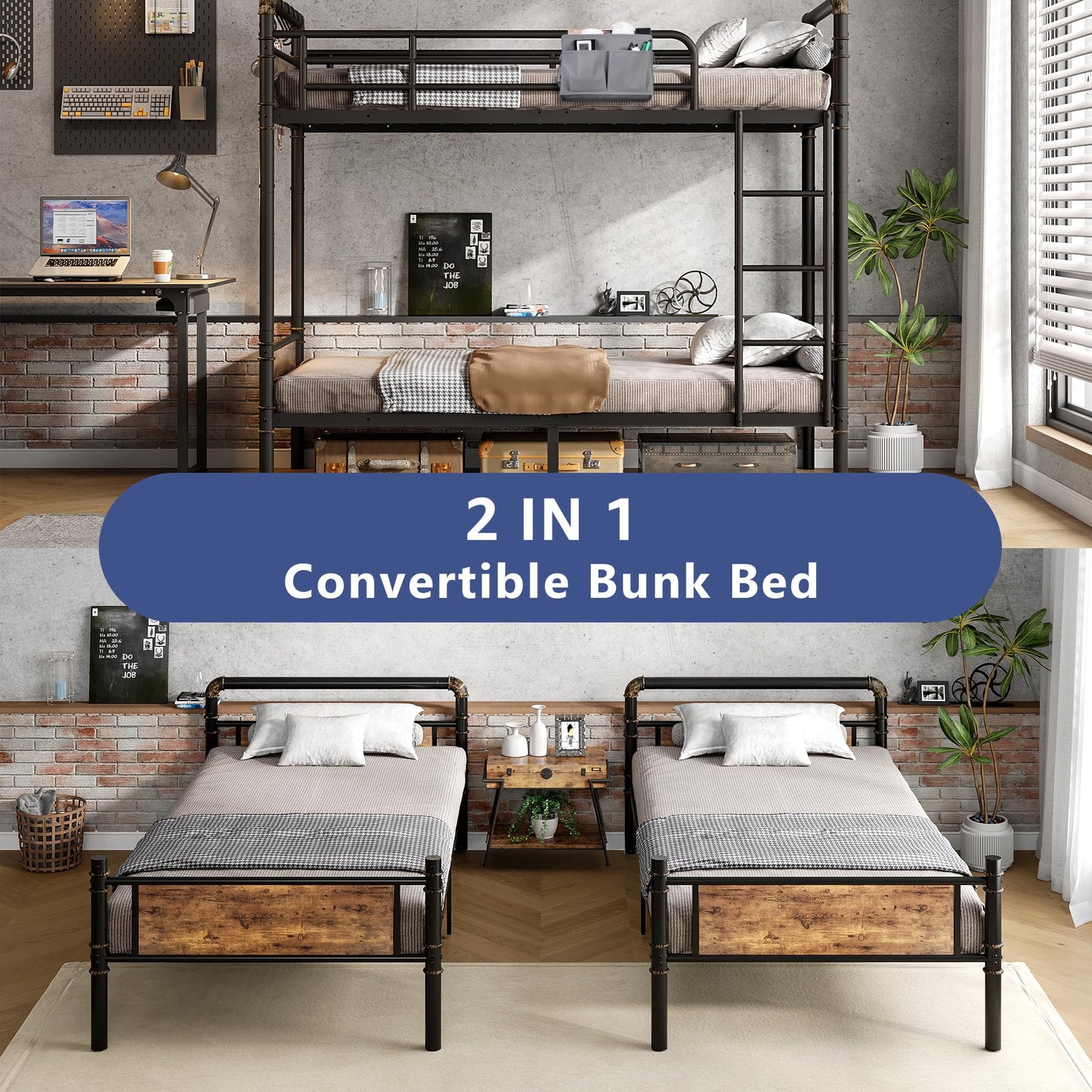 Jocoevol Metal Bunk Bed Twin Over Twin, Industrial Bunkbeds Heavy Duty Bed with Safety Guard Rails and Space-Saving Design, Steel Bed for School, Bedroom (Vintage Brown)