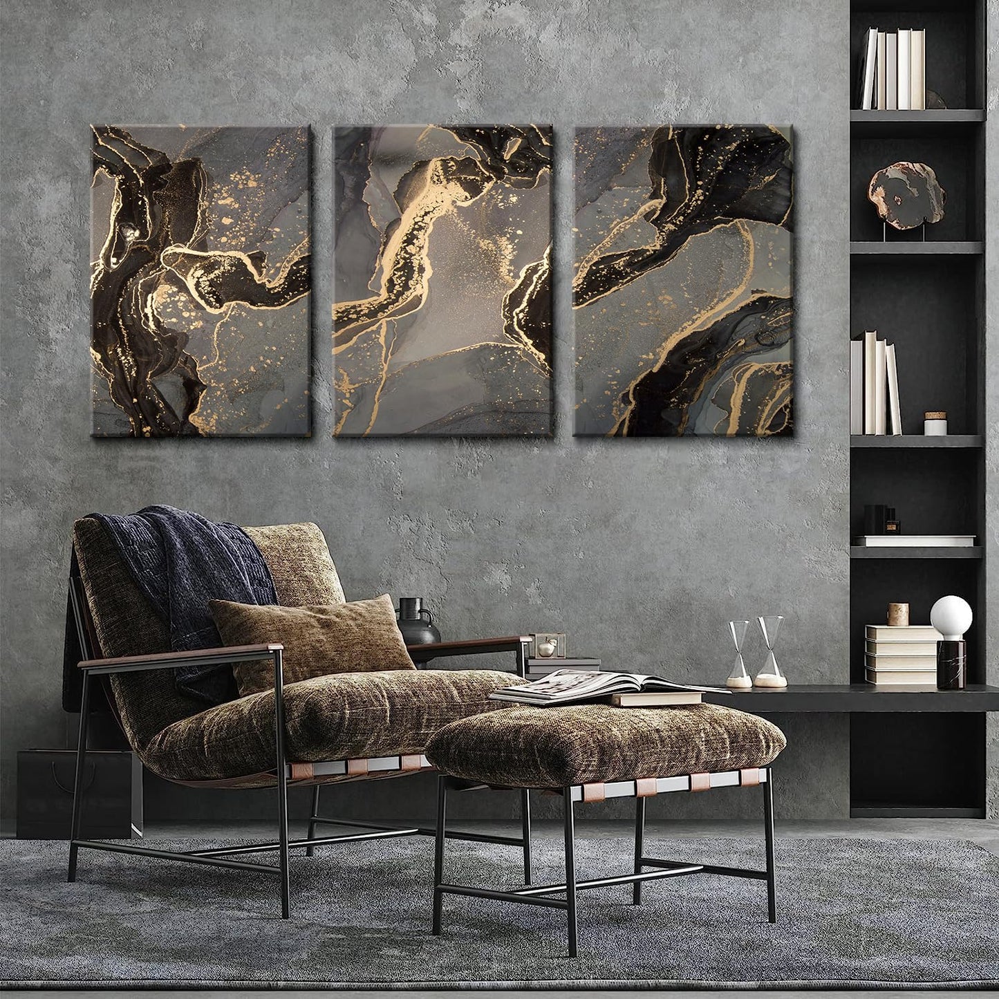 3Pcs Framed Abstract Black and Gold Canvas Wall Art Modern Marble Texture Pictures Posters Prints Artwork Abstract Gold Wall Decor for Living Room Bedroom Office bathroom Ready to Hang16x24inx3