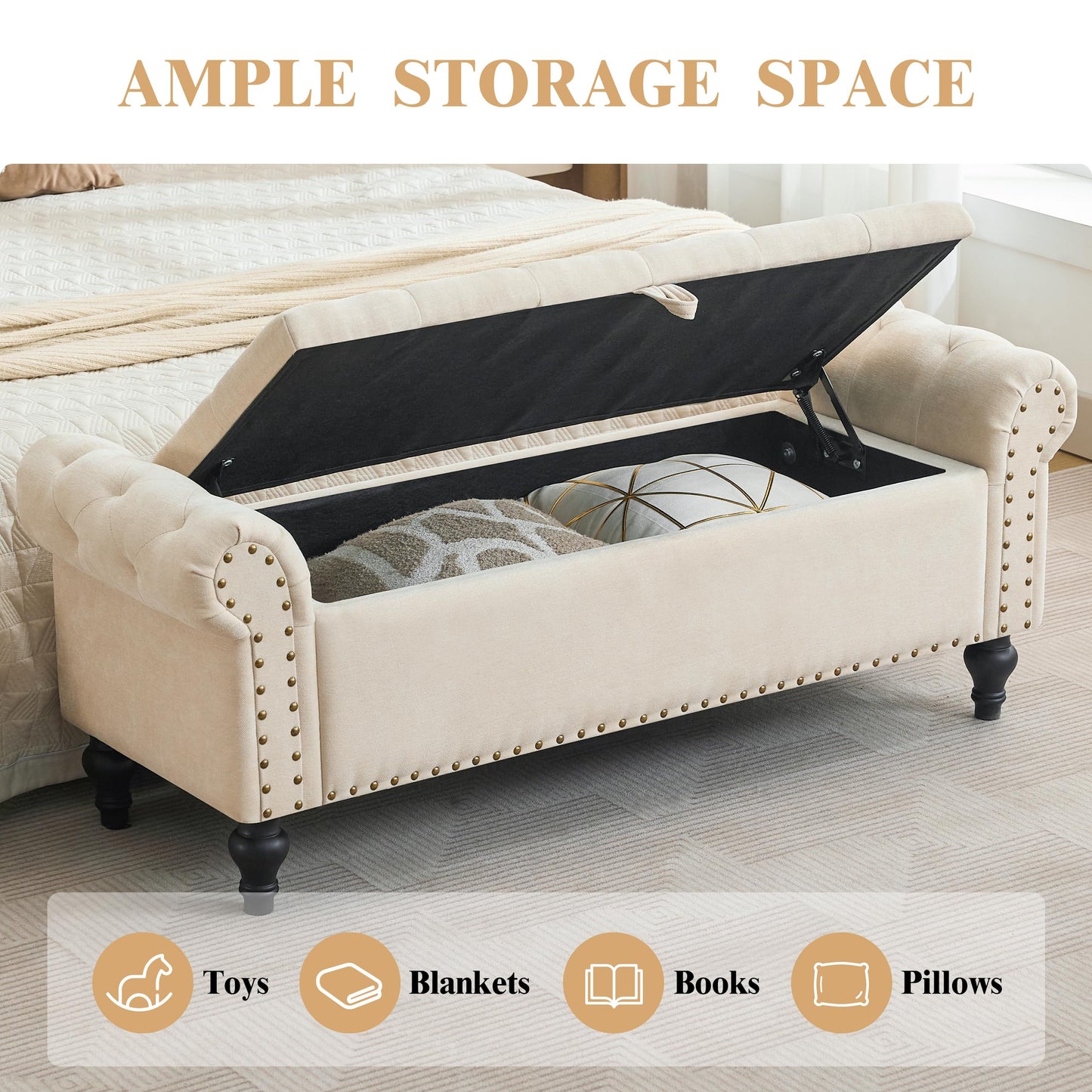 Dowiean 51" Storage Ottoman Bench, End of Bed Bench for Bedroom, Storage Ottomans for Foot of Bed, Chenille Upholstered Benches, Window Benches for Living Room, Entryway, Beige