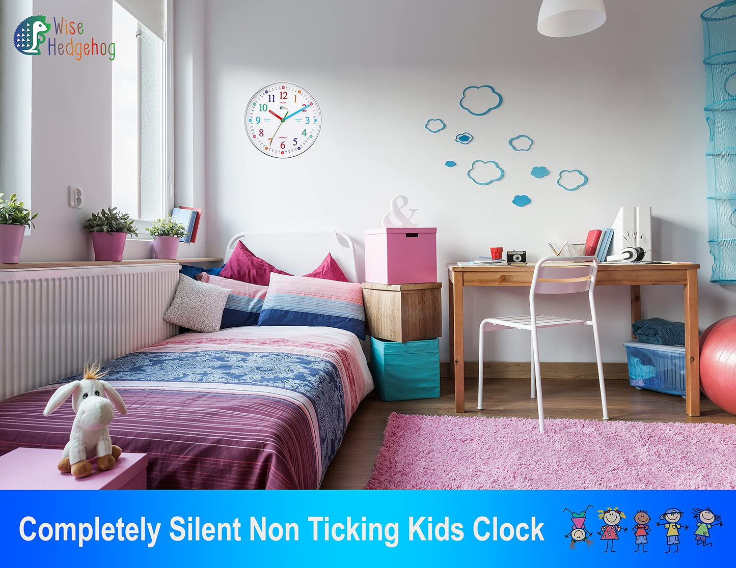 WISE HEDGEHOG Telling Time Teaching Clock, 10 inch Silent Non Ticking, Battery Operated, Analog Learning Clock for Kids, Perfect Wall & Kids Room Decor & School Classrooms