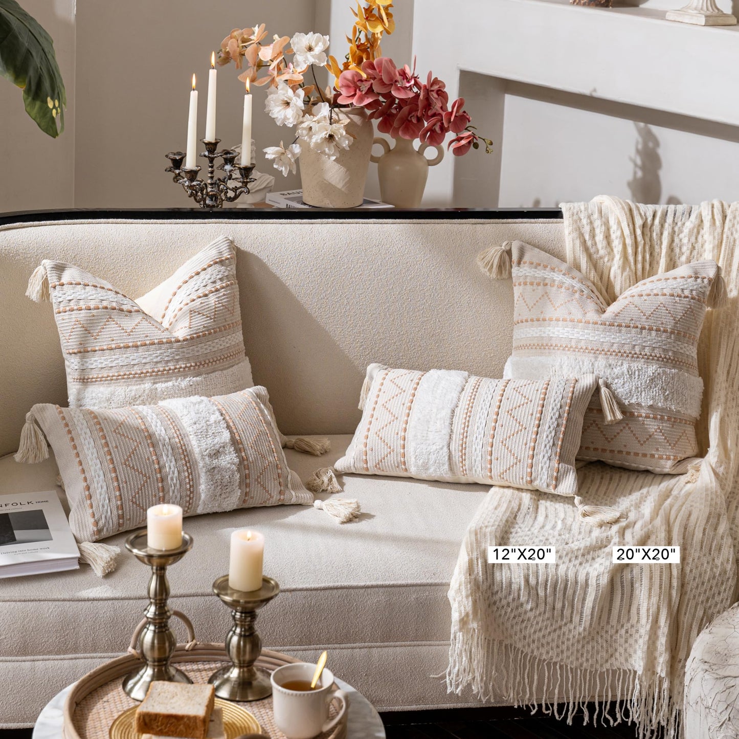 BlissBlush Decorative Lumbar Throw Pillow Cover 12x20 Combo Set of 2 Cream Neutral White Rectangular Boho Accent Pillowcase Farmhouse Cushion for Couch Sofa Bedroom Living Home Décor Cover ONLY