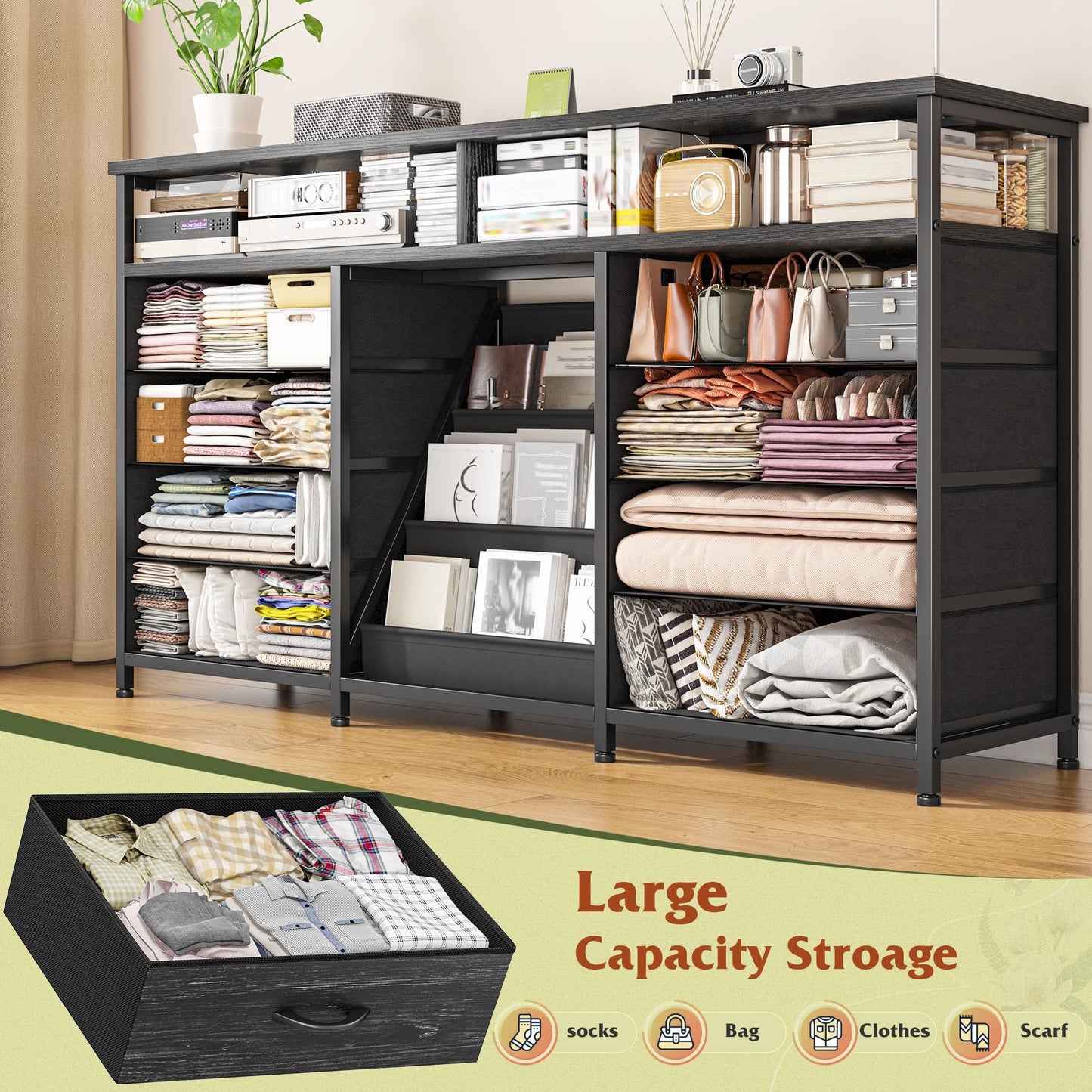 Dresser for Bedroom with Bookrack & 8 Fabric Drawers, 55 ” W Dresser TV Stand with Power Outlet & LED Lights for 65 Inch TV, Chest of Drawers for Closet, Entryway, Black