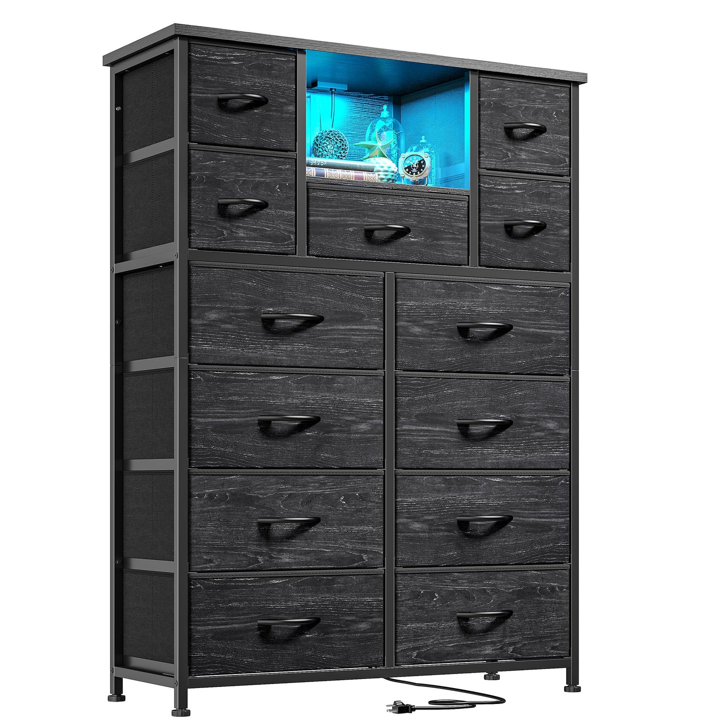 Romorgniz Dresser for Bedroom with 13 Fabric Drawers, Black Dresser with LED & 4 Charging Ports, 47''H Chest of Drawers with Open Storage Shelves for Hallway, Entryway