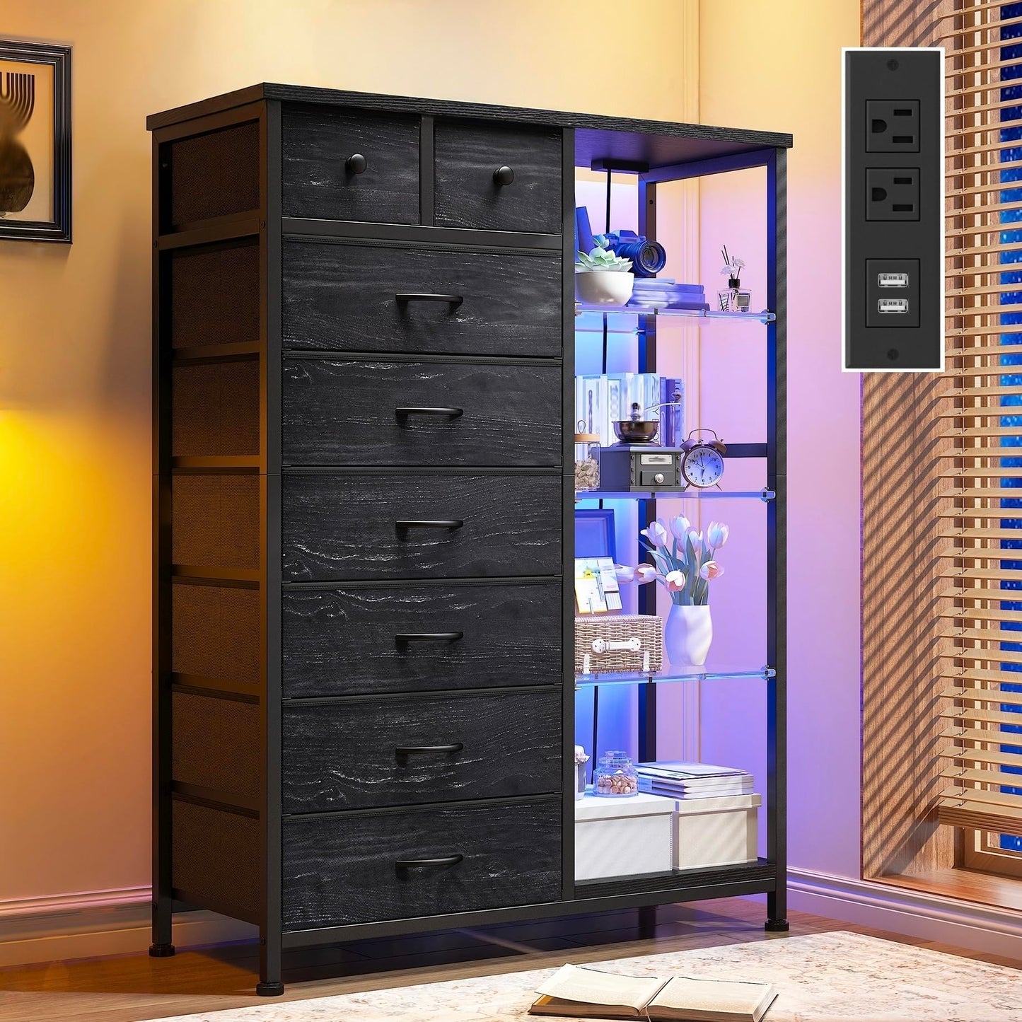 EnHomee 54" H Dresser for Bedroom with LED Lights & Power Outlets Dresser with 8 Drawers Fabric Dressers & Chests of Drawers for Bedroom, Sturdy Metal Frame, Acrylic Plates (Charcoal Black)