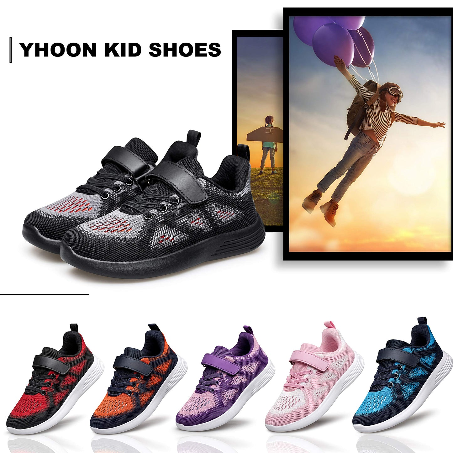 YHOON Boys Girls Sneakers Kids Sports Running Walking Shoes Black Toddler Size 10