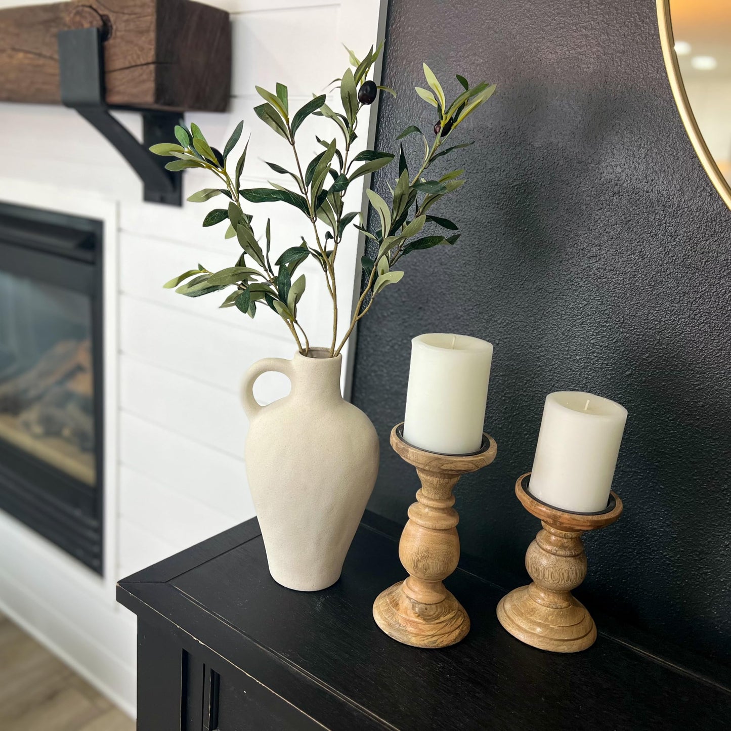 Laurel and Vine Matte Textured 10 Inch Tall White Vase Including 22 Inch Olive Branches for Vases, Medium Artificial Topiaries Fake Plants, Minimalist Shelf Decor, Neutral Home Office Desk Room Decor