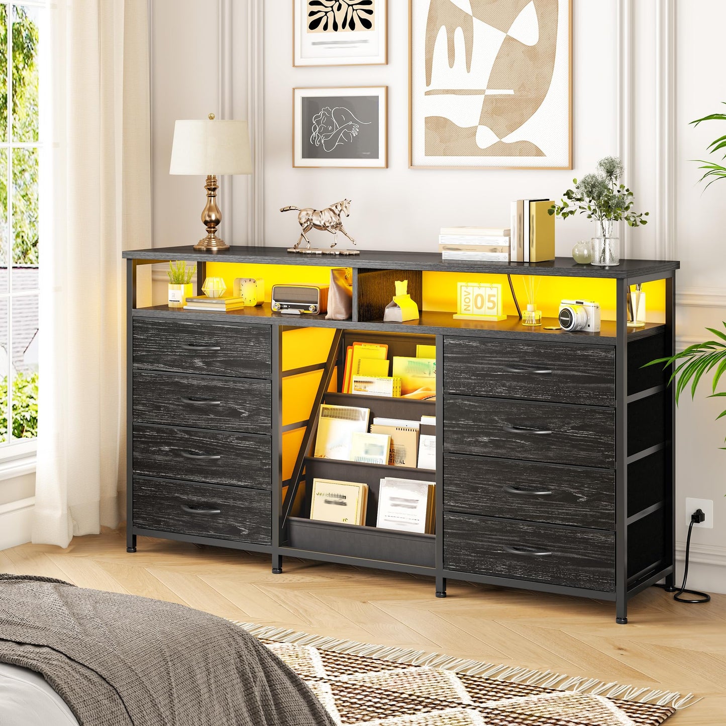 Dresser for Bedroom with Bookrack & 8 Fabric Drawers, 55 ” W Dresser TV Stand with Power Outlet & LED Lights for 65 Inch TV, Chest of Drawers for Closet, Entryway, Black