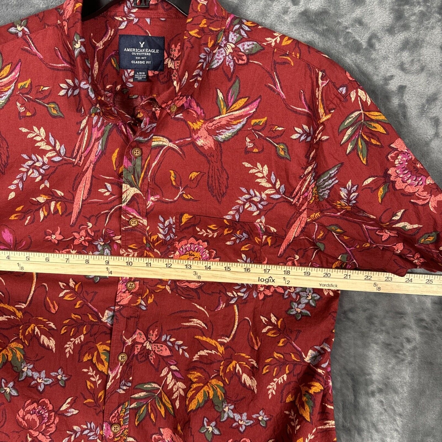 MENS AE AMERICAN EAGLE HAWAIIN TROPICAL SHIRT L ARGE COTTON BUTTON DOWN RED